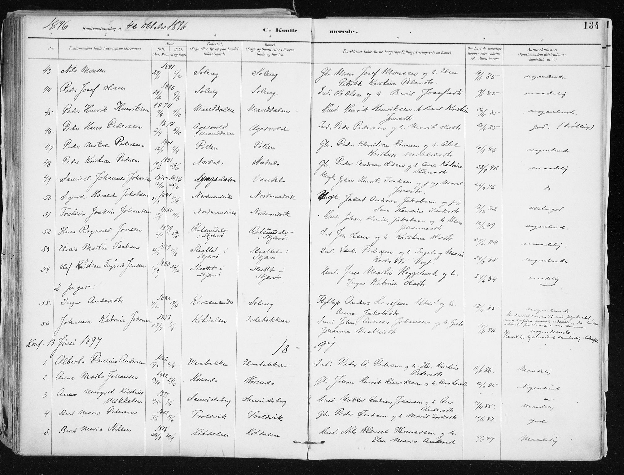 Lyngen sokneprestembete, SATØ/S-1289/H/He/Hea/L0008kirke: Parish register (official) no. 8, 1891-1902, p. 134