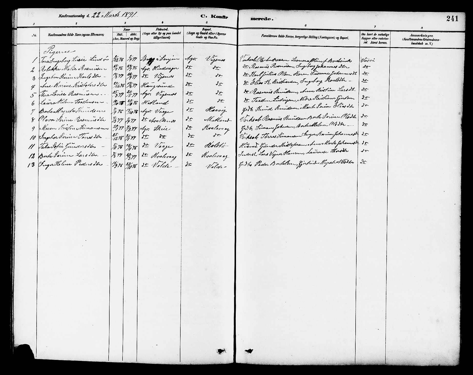 Avaldsnes sokneprestkontor, AV/SAST-A -101851/H/Ha/Hab/L0007: Parish register (copy) no. B 7, 1885-1909, p. 241