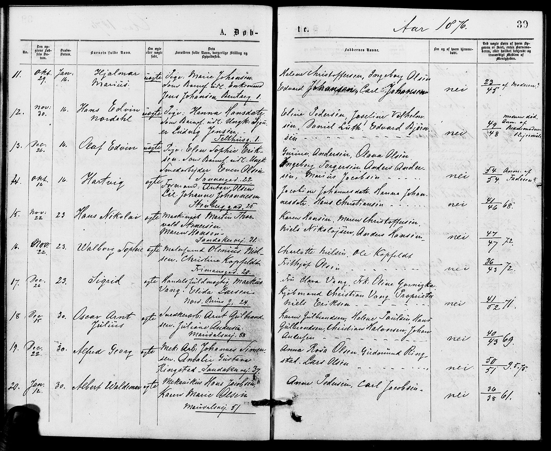 Gamle Aker prestekontor Kirkebøker, SAO/A-10617a/G/L0004: Parish register (copy) no. 4, 1875-1879, p. 39