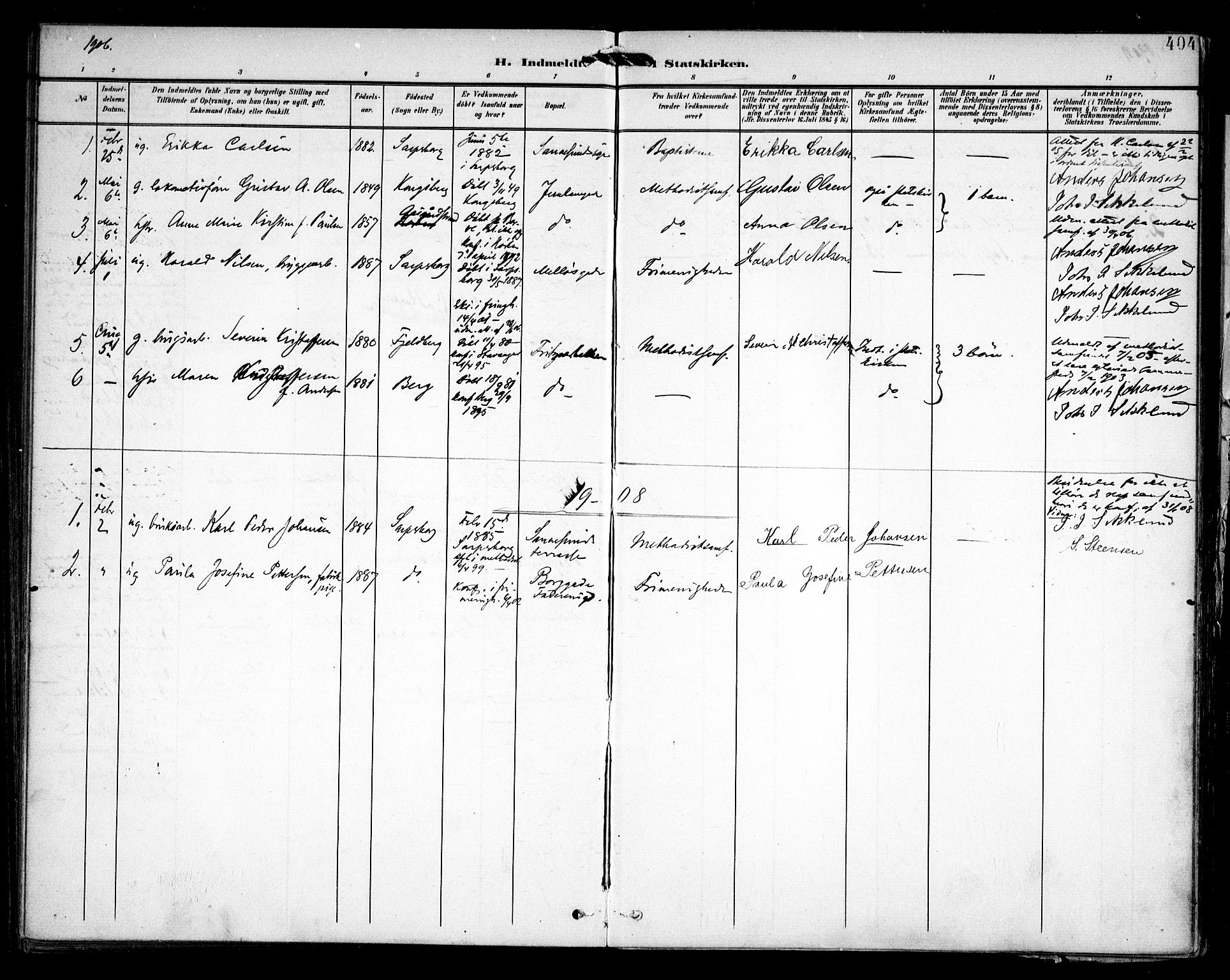 Sarpsborg prestekontor Kirkebøker, AV/SAO-A-2006/F/Fa/L0006: Parish register (official) no. 6, 1900-1909, p. 404