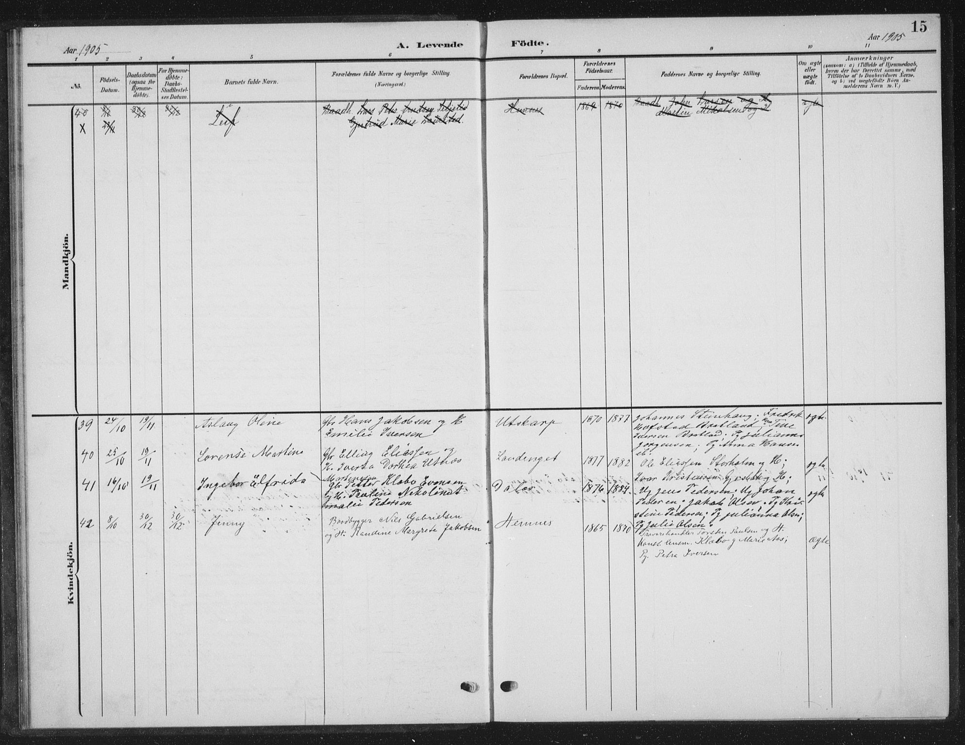 Ministerialprotokoller, klokkerbøker og fødselsregistre - Nordland, AV/SAT-A-1459/825/L0370: Parish register (copy) no. 825C07, 1903-1923, p. 15