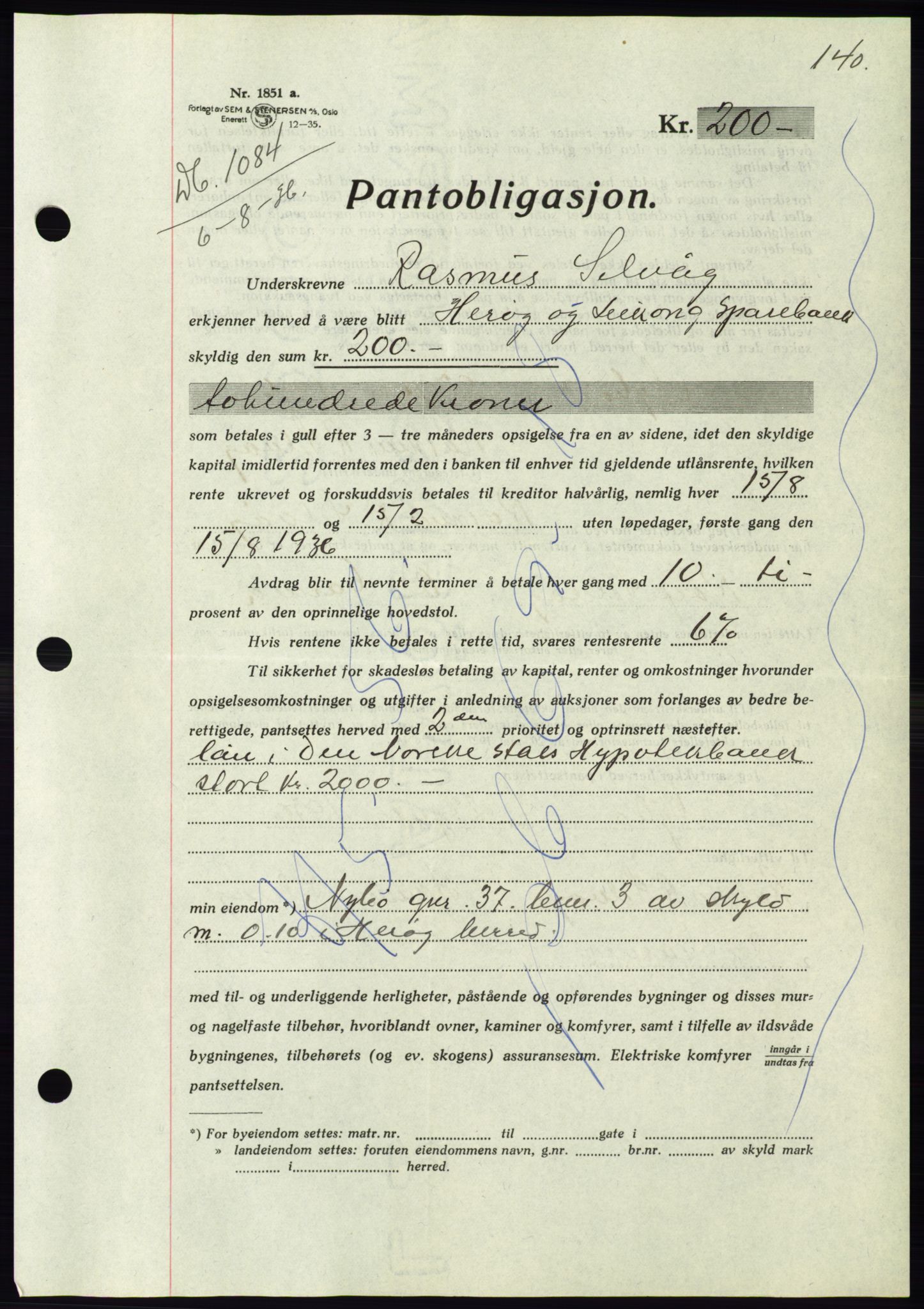 Søre Sunnmøre sorenskriveri, AV/SAT-A-4122/1/2/2C/L0061: Mortgage book no. 55, 1936-1936, Diary no: : 1084/1936