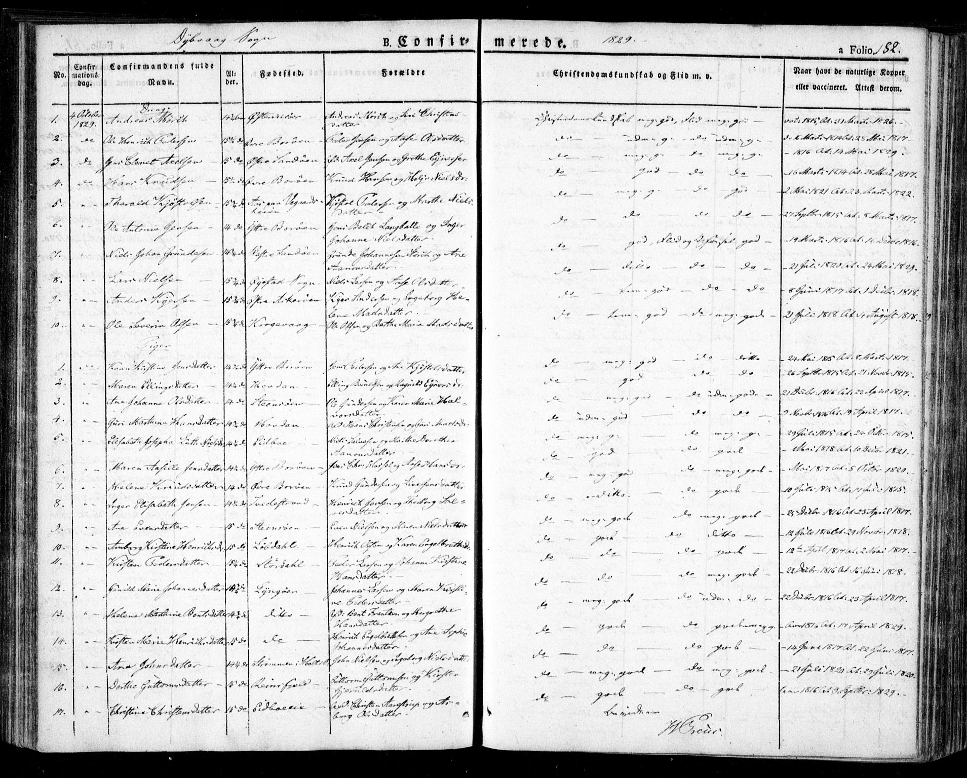 Dypvåg sokneprestkontor, SAK/1111-0007/F/Fa/Faa/L0004: Parish register (official) no. A 4, 1824-1840, p. 182