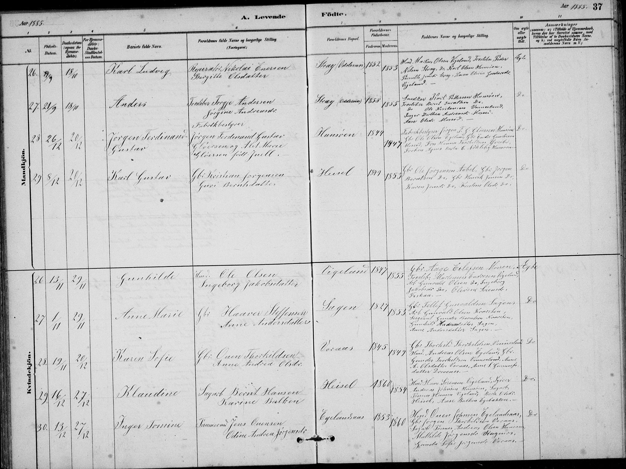 Vennesla sokneprestkontor, AV/SAK-1111-0045/Fb/Fbb/L0003: Parish register (copy) no. B 3, 1879-1893, p. 37