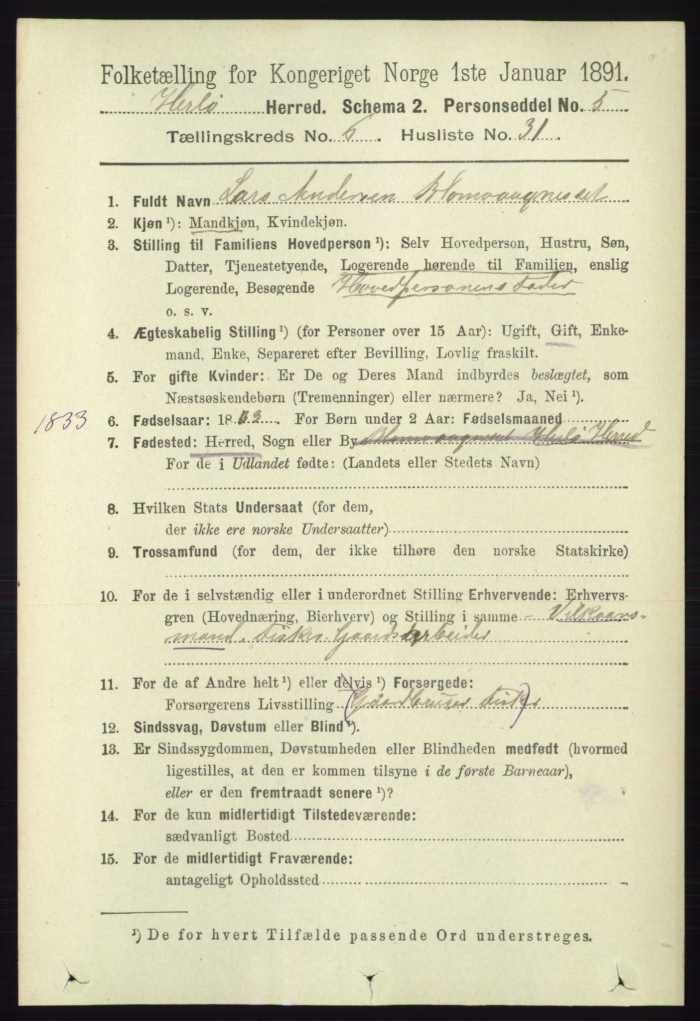 RA, 1891 census for 1258 Herdla, 1891, p. 2839