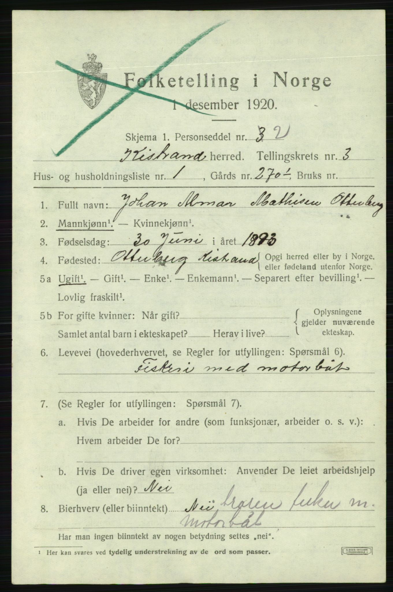 SATØ, 1920 census for Kistrand, 1920, p. 1850