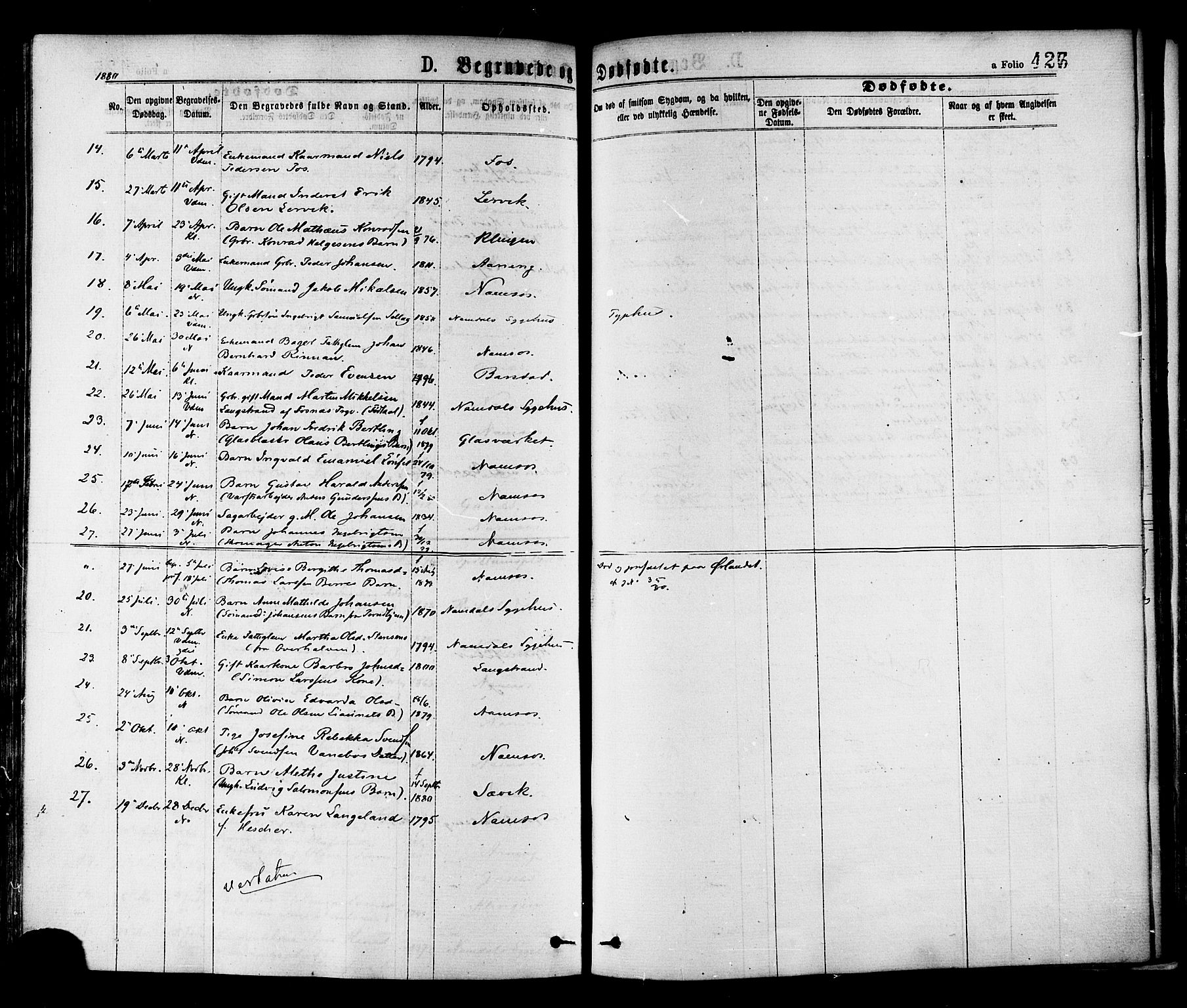 Ministerialprotokoller, klokkerbøker og fødselsregistre - Nord-Trøndelag, AV/SAT-A-1458/768/L0572: Parish register (official) no. 768A07, 1874-1886, p. 426