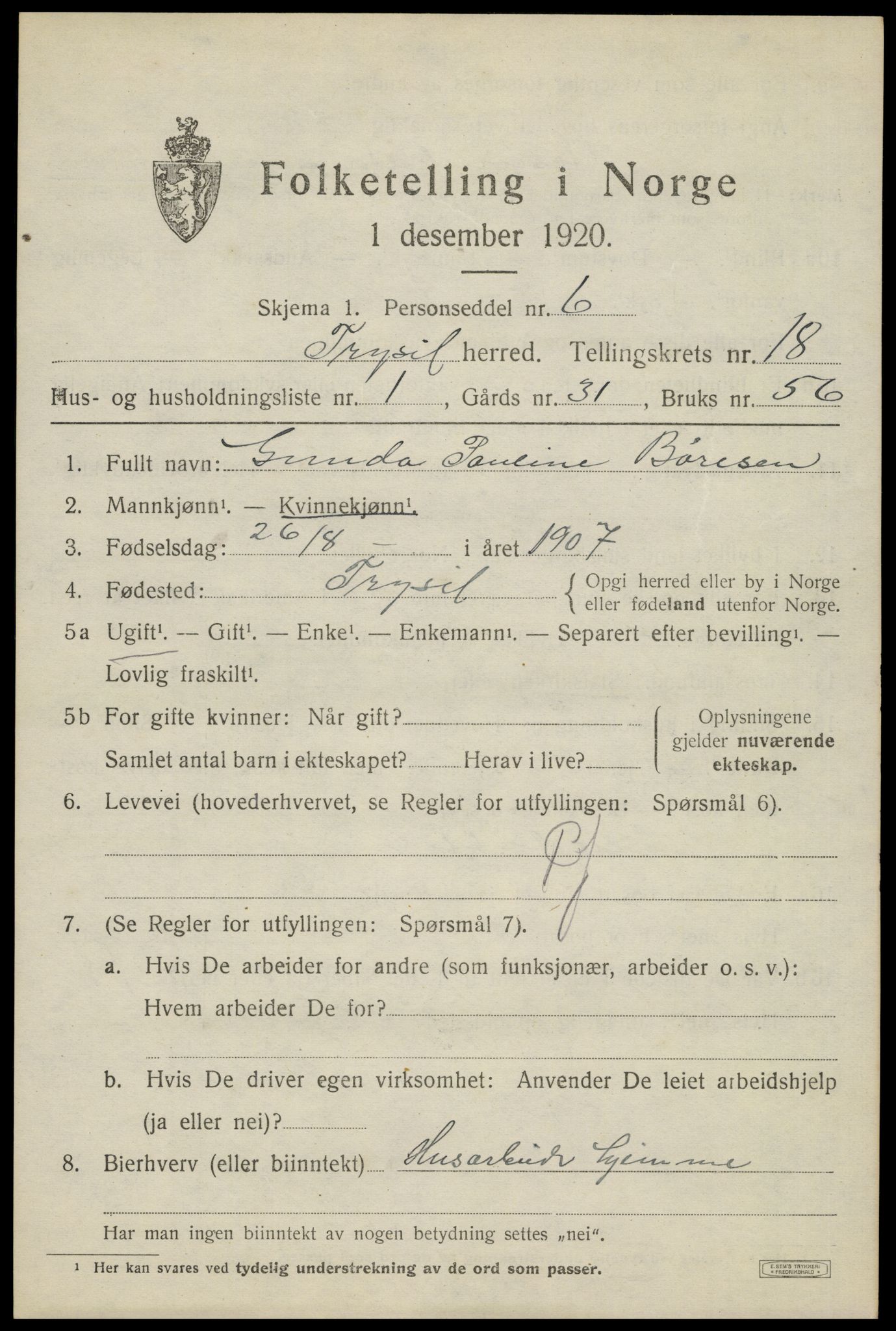 SAH, 1920 census for Trysil, 1920, p. 11913