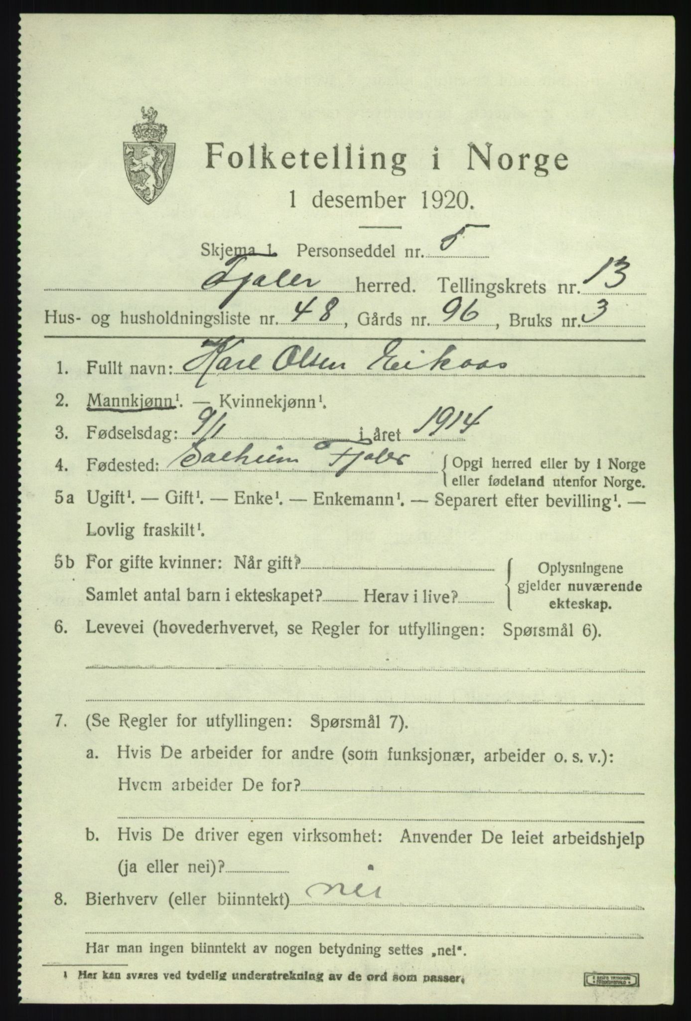 SAB, 1920 census for Fjaler, 1920, p. 7803