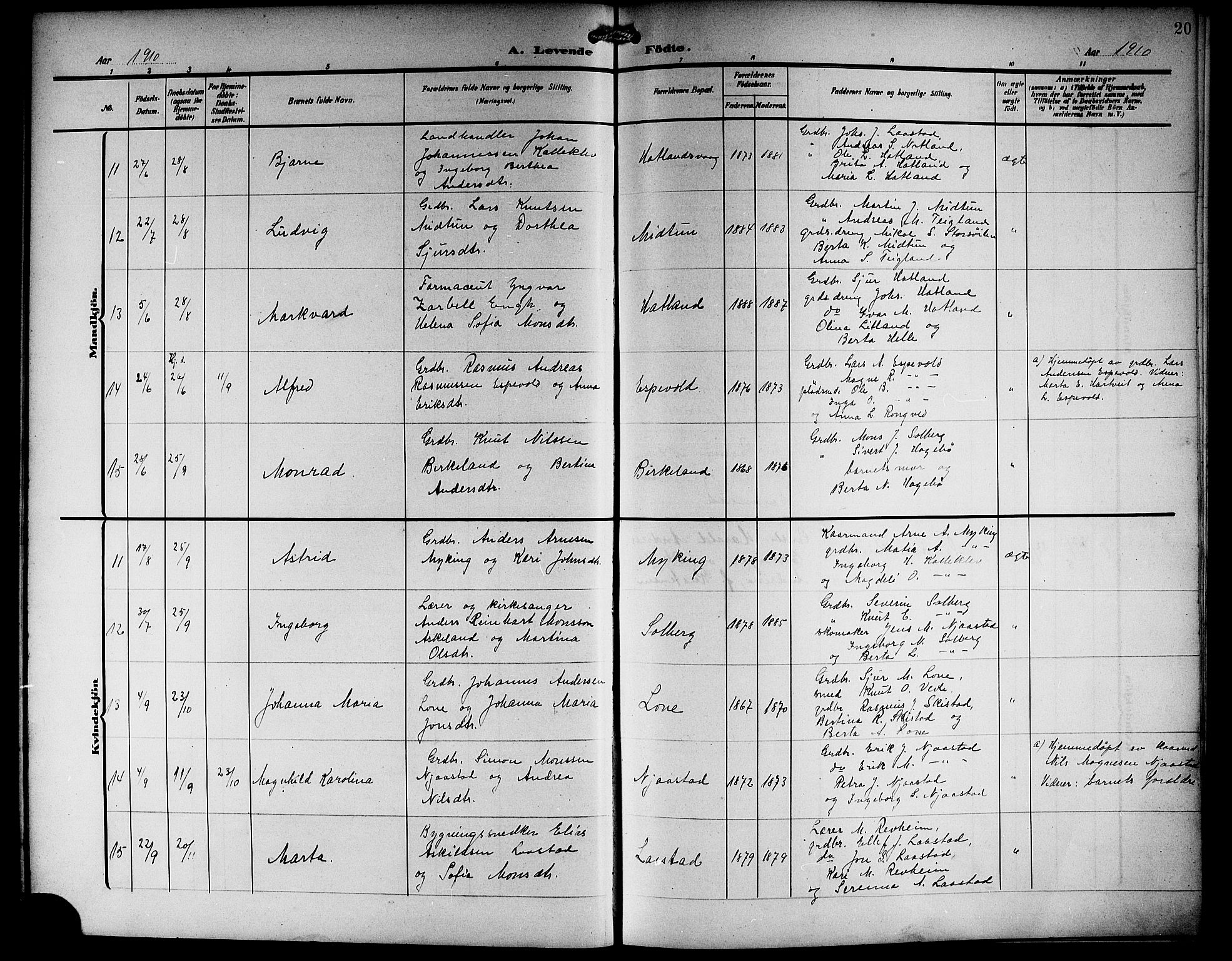 Haus sokneprestembete, SAB/A-75601/H/Hab: Parish register (copy) no. C 4, 1907-1922, p. 20