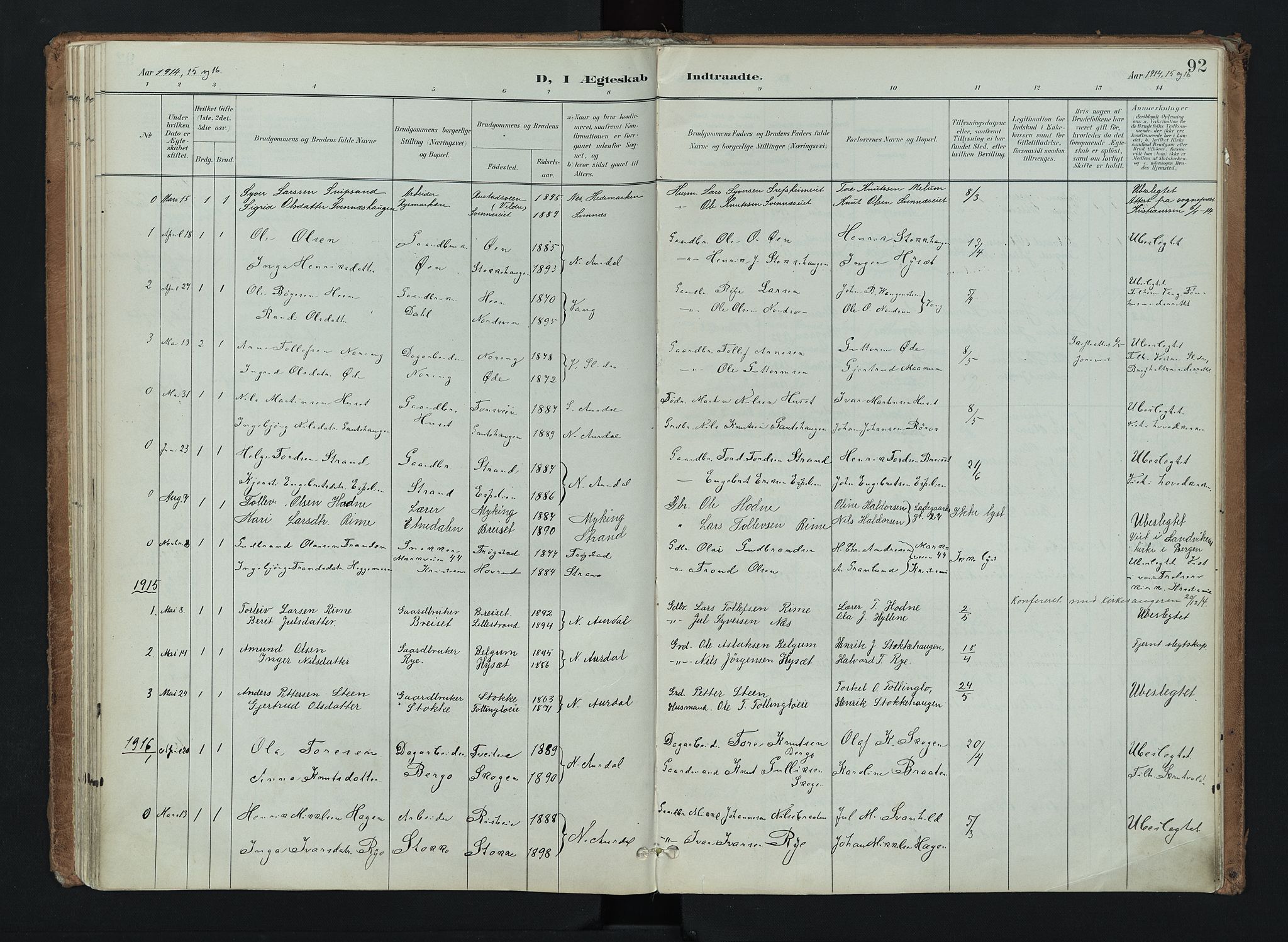 Nord-Aurdal prestekontor, SAH/PREST-132/H/Ha/Haa/L0016: Parish register (official) no. 16, 1897-1925, p. 92