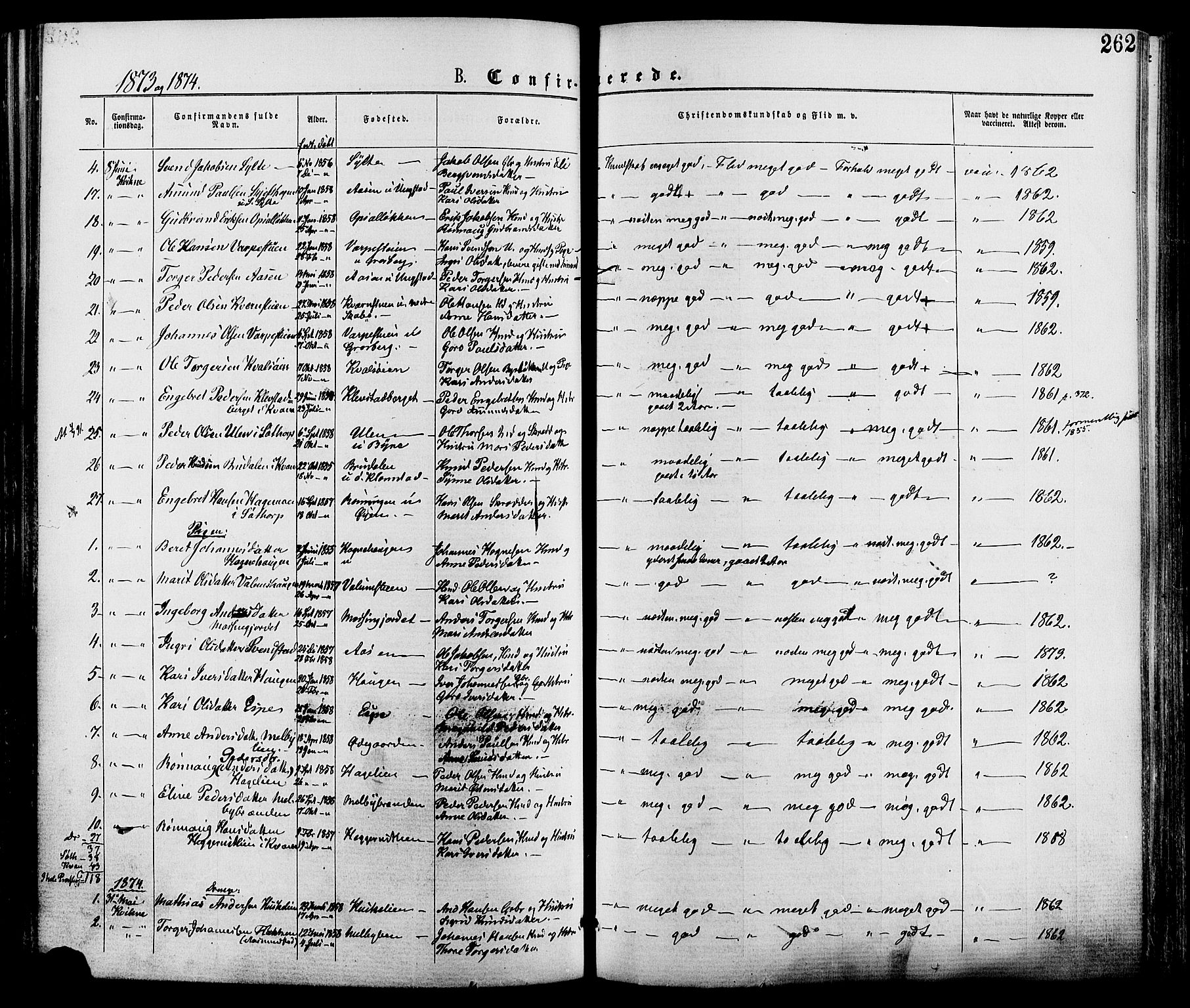 Nord-Fron prestekontor, AV/SAH-PREST-080/H/Ha/Haa/L0002: Parish register (official) no. 2, 1865-1883, p. 262