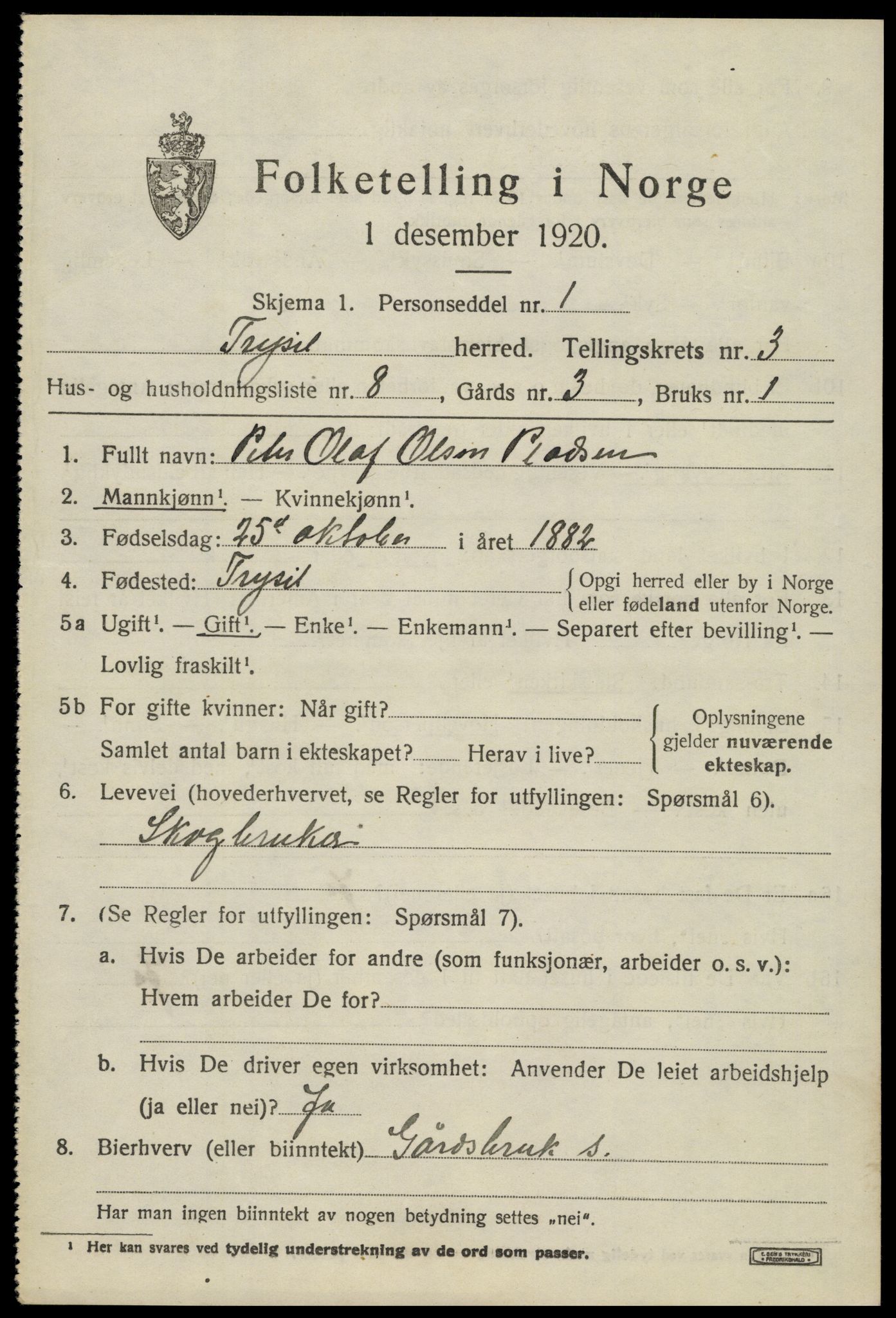 SAH, 1920 census for Trysil, 1920, p. 3565