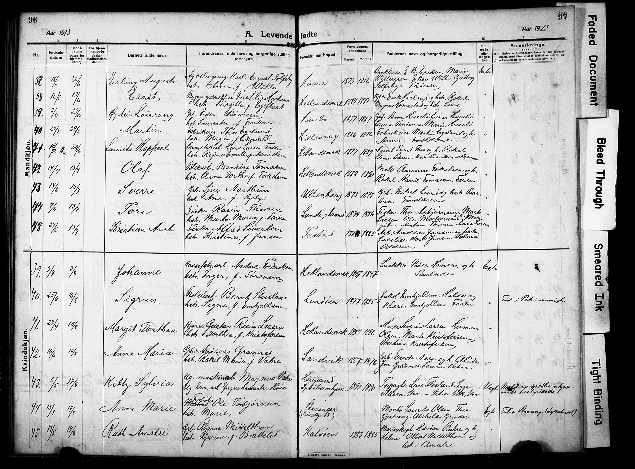 Hetland sokneprestkontor, AV/SAST-A-101826/30/30BB/L0008: Parish register (copy) no. B 8, 1910-1921, p. 96-97