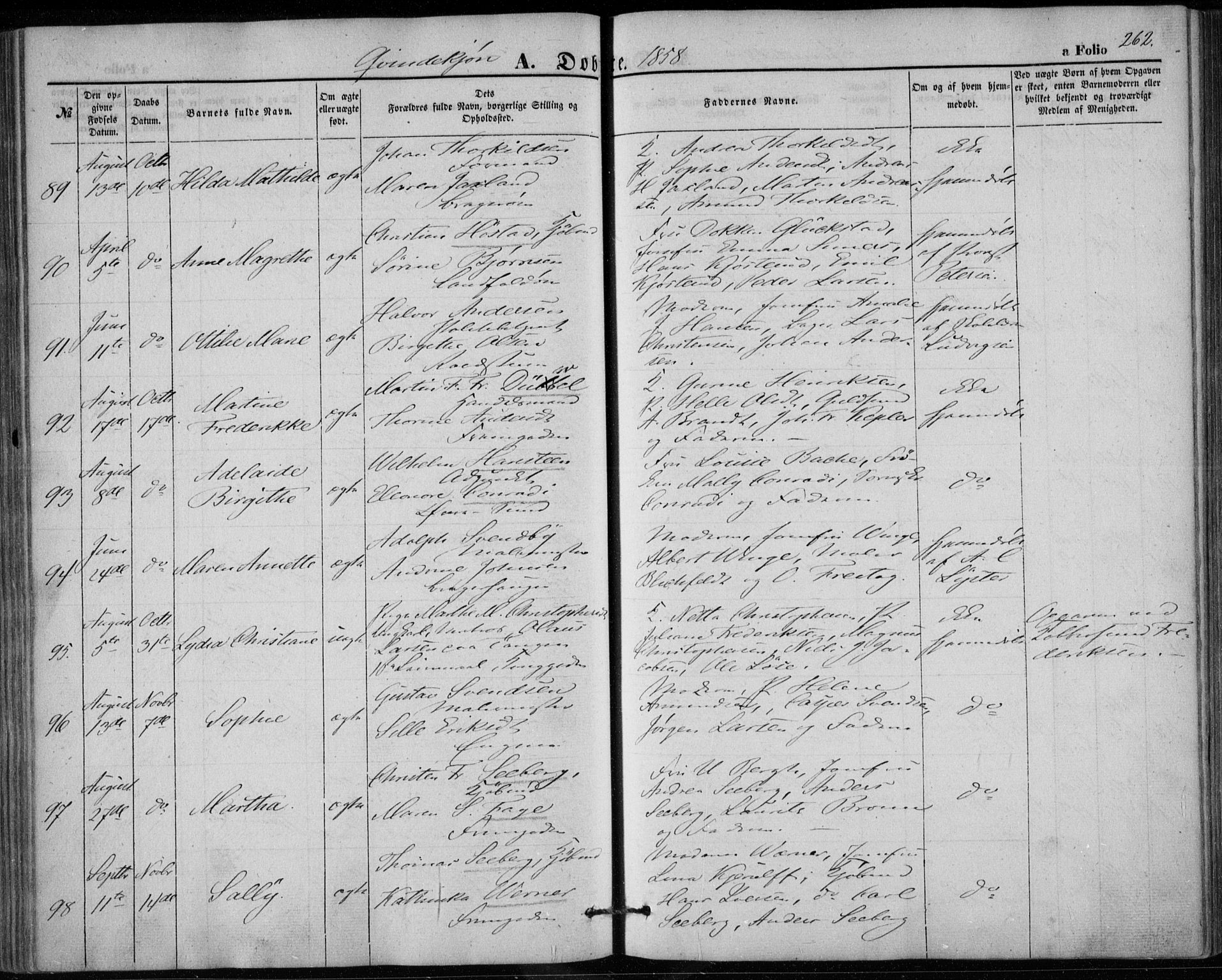 Bragernes kirkebøker, SAKO/A-6/F/Fb/L0002: Parish register (official) no. II 2, 1848-1859, p. 262