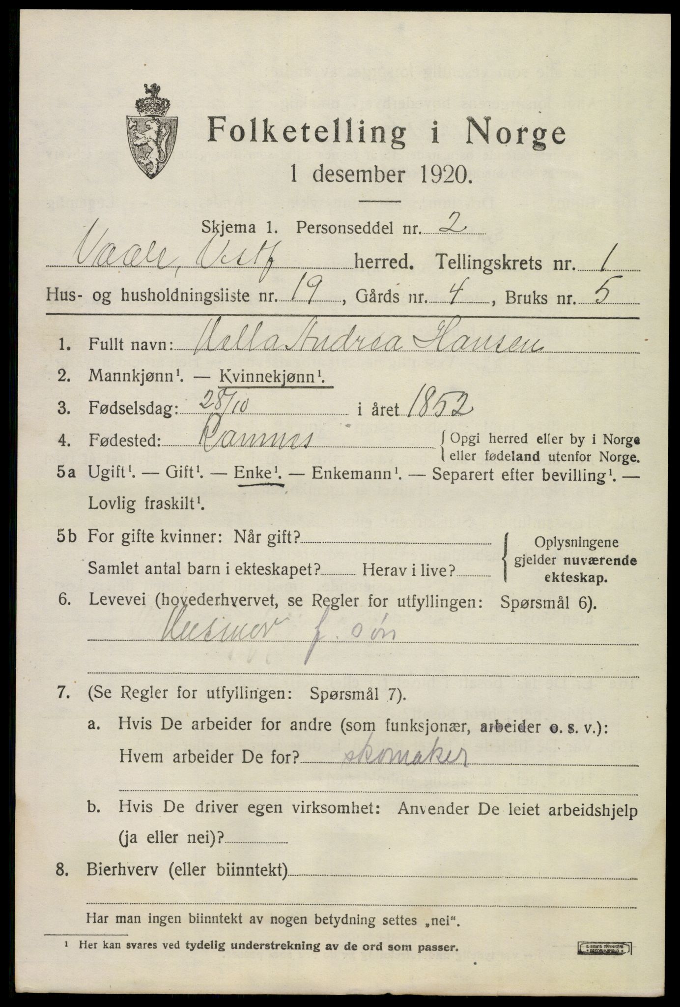 SAKO, 1920 census for Våle, 1920, p. 1282