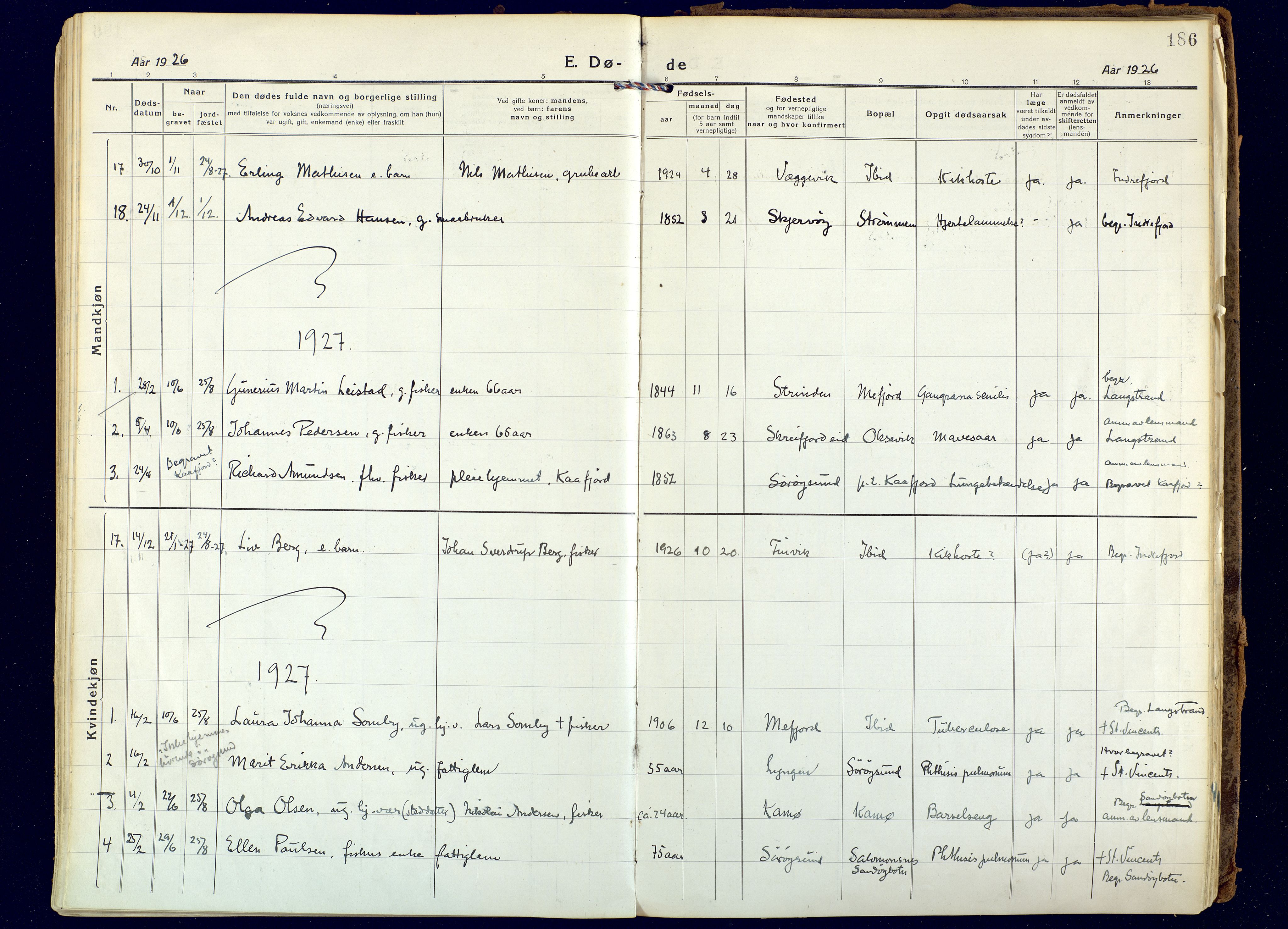 Hammerfest sokneprestkontor, SATØ/S-1347: Parish register (official) no. 18, 1918-1933, p. 186