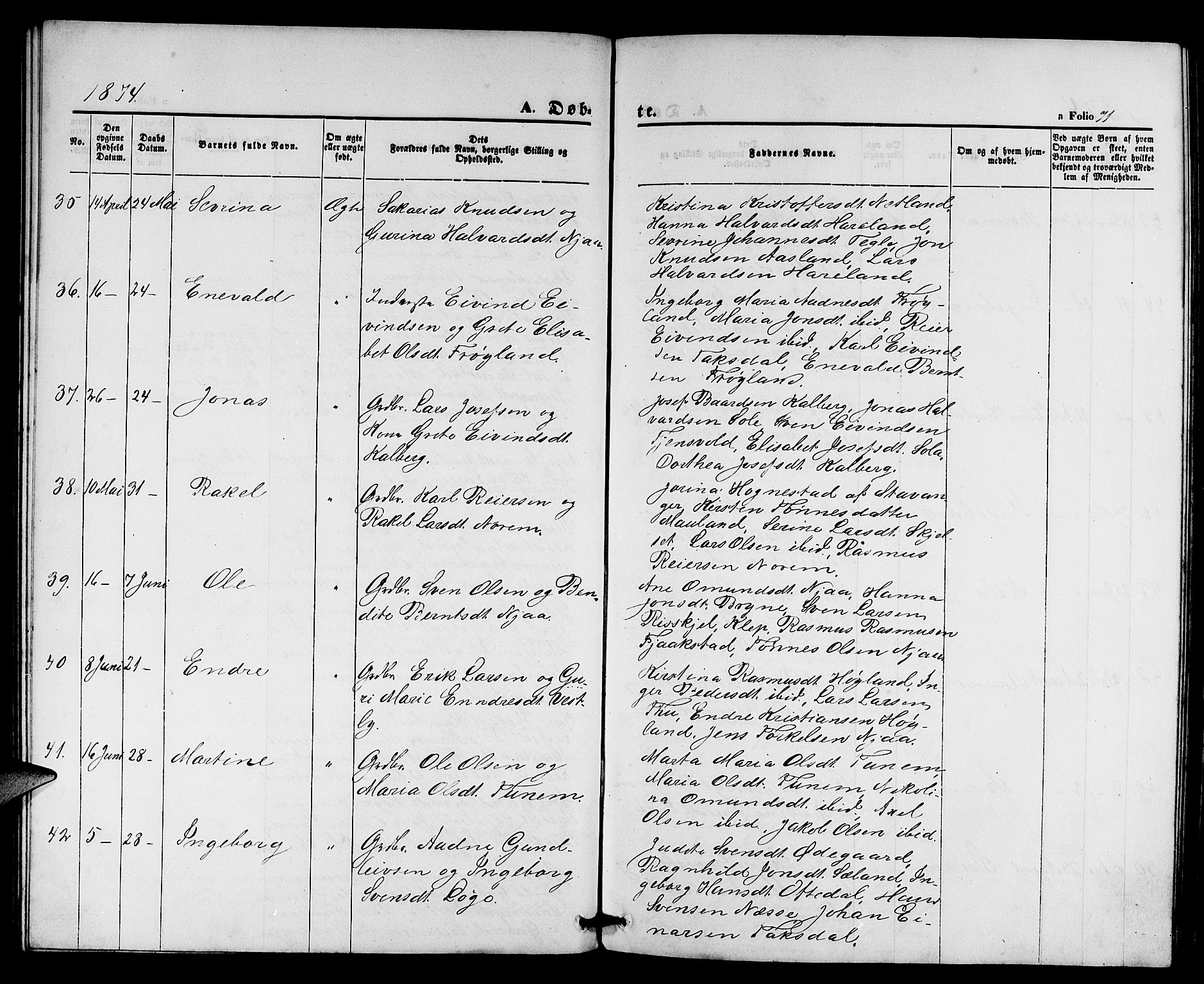 Lye sokneprestkontor, AV/SAST-A-101794/001/30BB/L0004: Parish register (copy) no. B 4, 1868-1878, p. 71