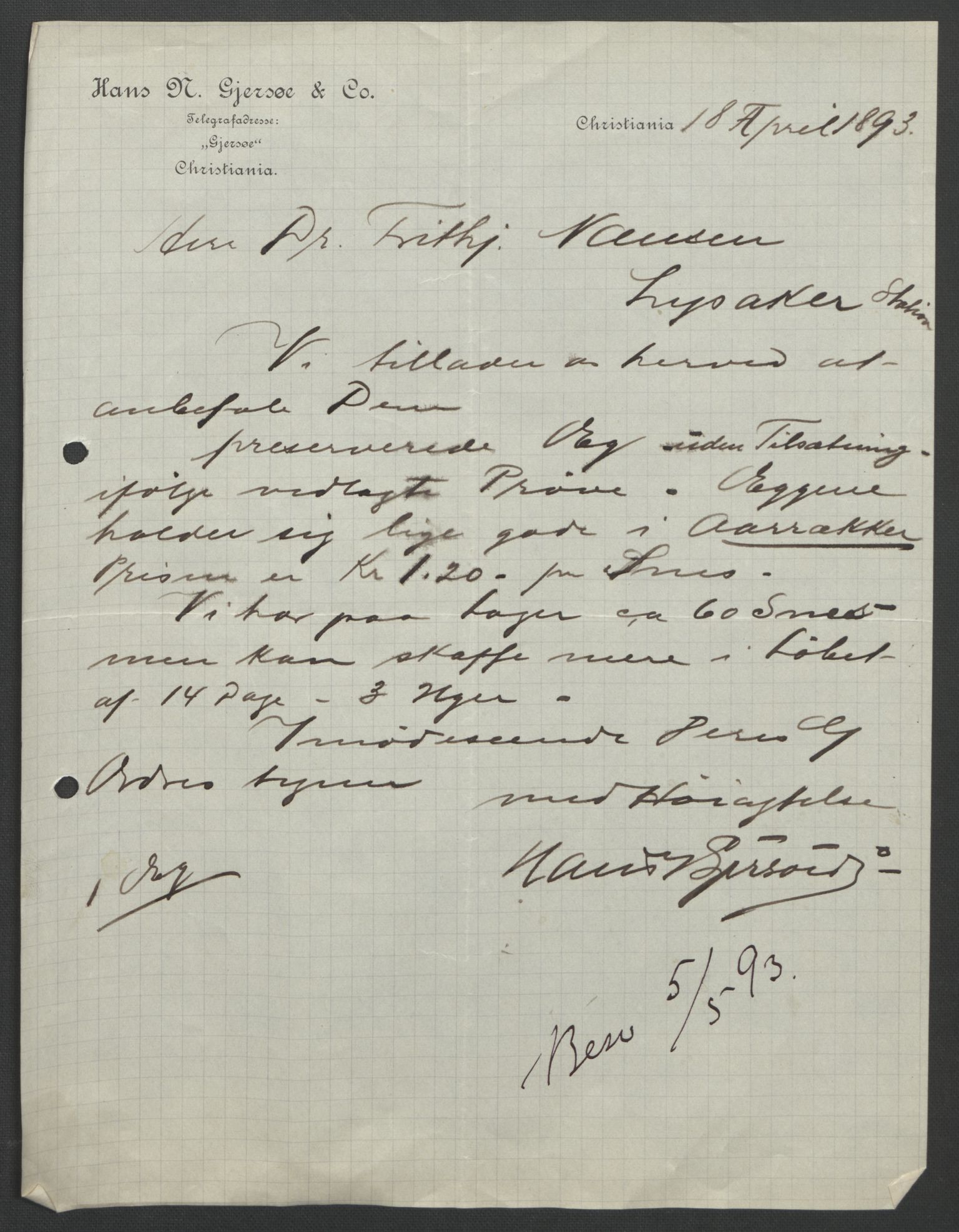 Arbeidskomitéen for Fridtjof Nansens polarekspedisjon, AV/RA-PA-0061/D/L0004: Innk. brev og telegrammer vedr. proviant og utrustning, 1892-1893, p. 652