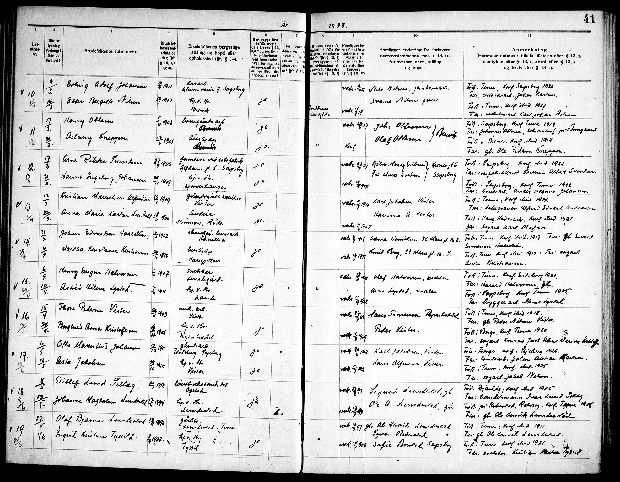Tune prestekontor Kirkebøker, AV/SAO-A-2007/H/Ha/L0001: Banns register no. I 1, 1919-1946, p. 41