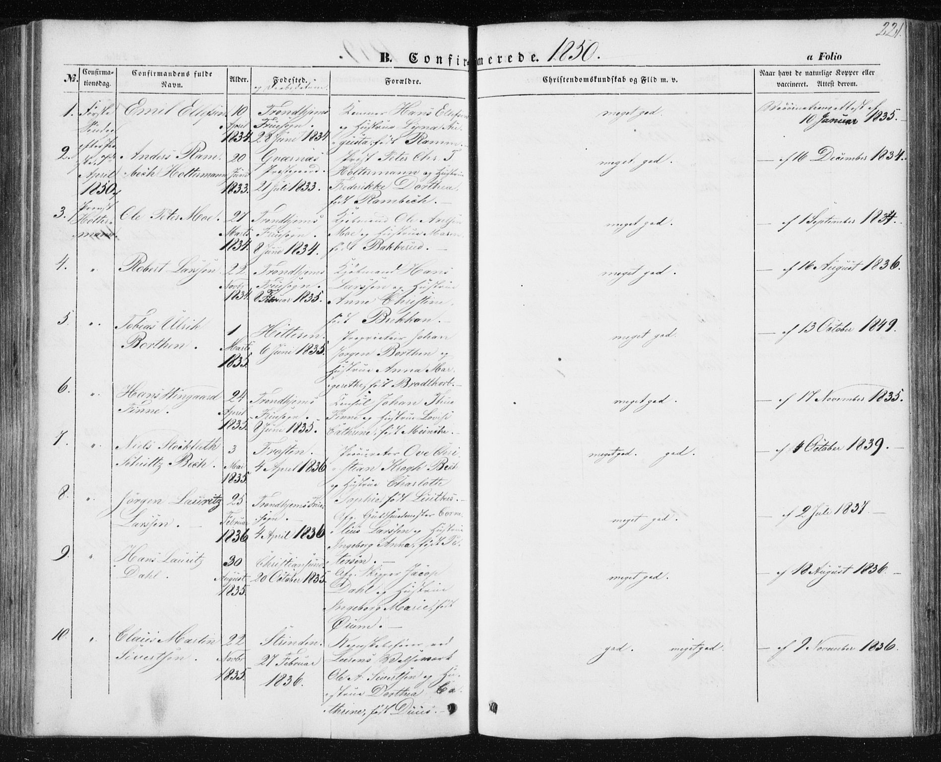 Ministerialprotokoller, klokkerbøker og fødselsregistre - Sør-Trøndelag, SAT/A-1456/602/L0112: Parish register (official) no. 602A10, 1848-1859, p. 221