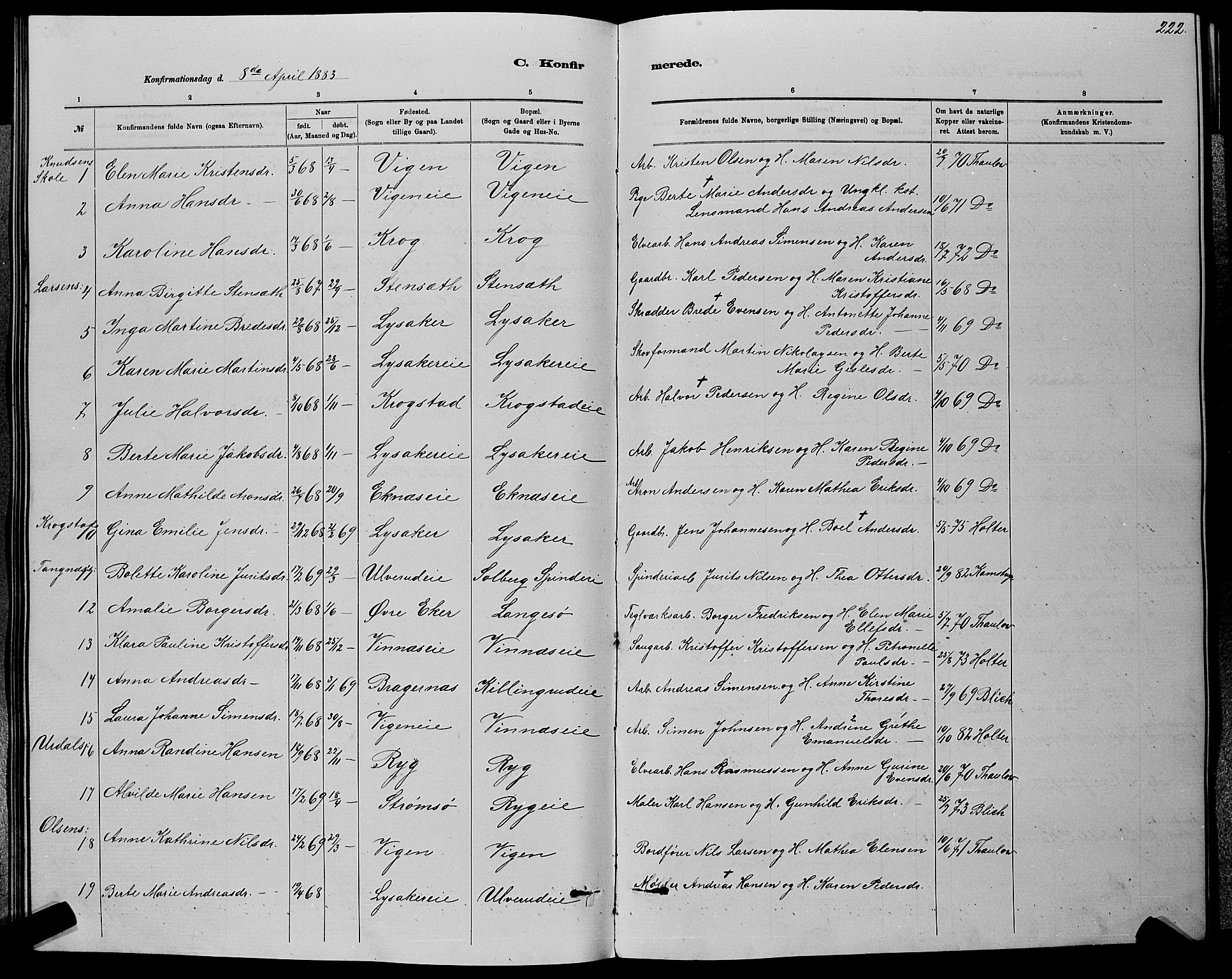 Nedre Eiker kirkebøker, AV/SAKO-A-612/G/Ga/L0002: Parish register (copy) no. 2, 1880-1896, p. 222