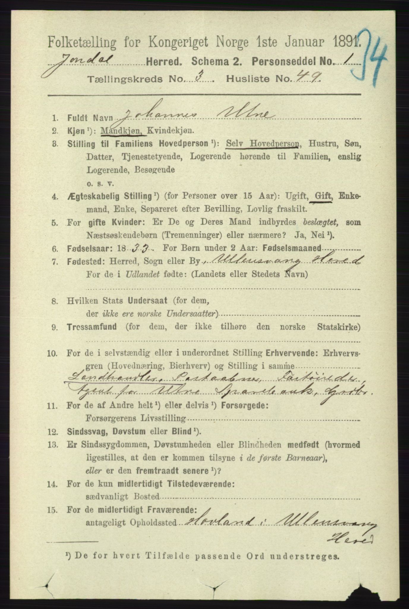 RA, 1891 census for 1227 Jondal, 1891, p. 1599