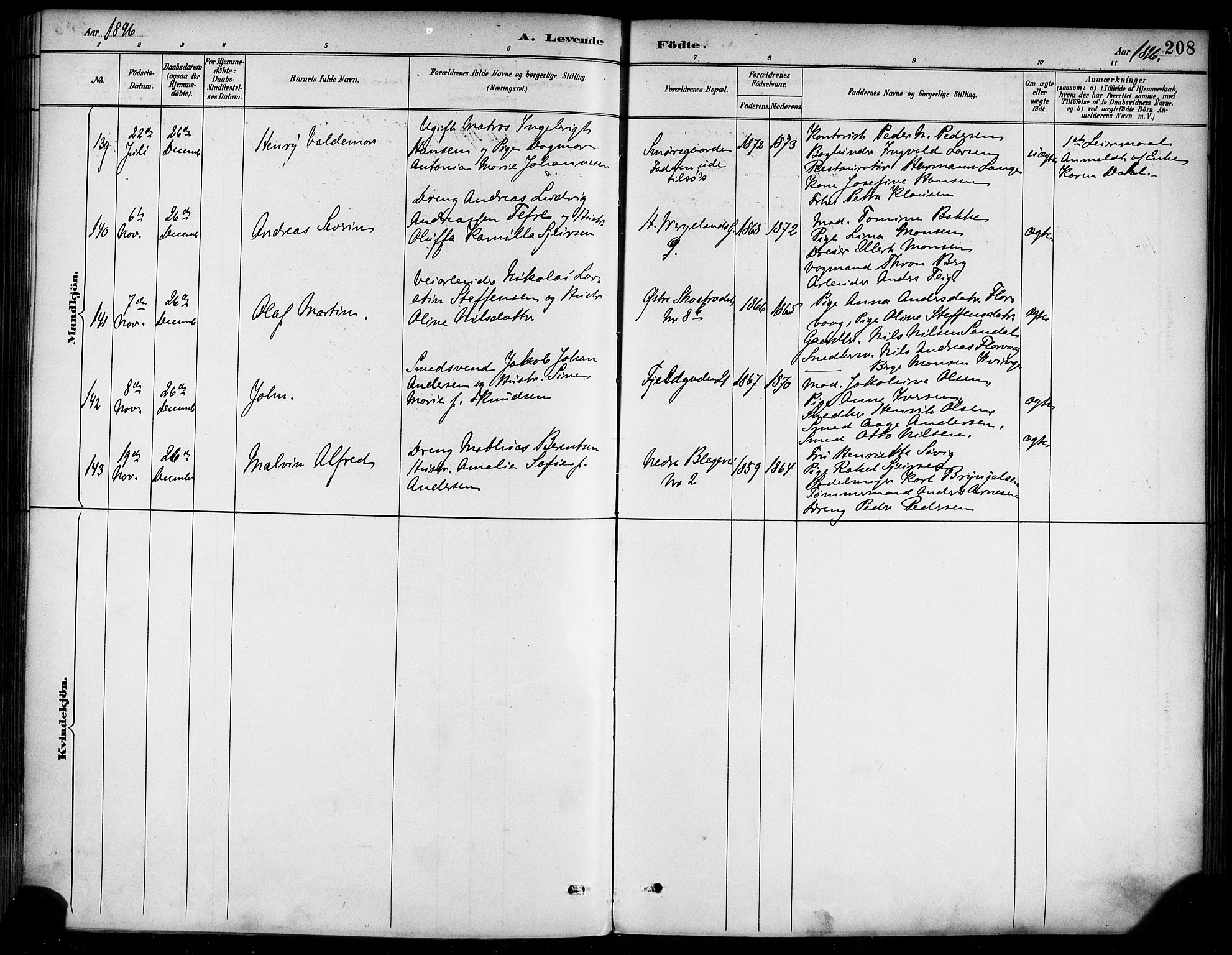 Korskirken sokneprestembete, AV/SAB-A-76101/H/Haa/L0022: Parish register (official) no. B 8, 1889-1899, p. 208