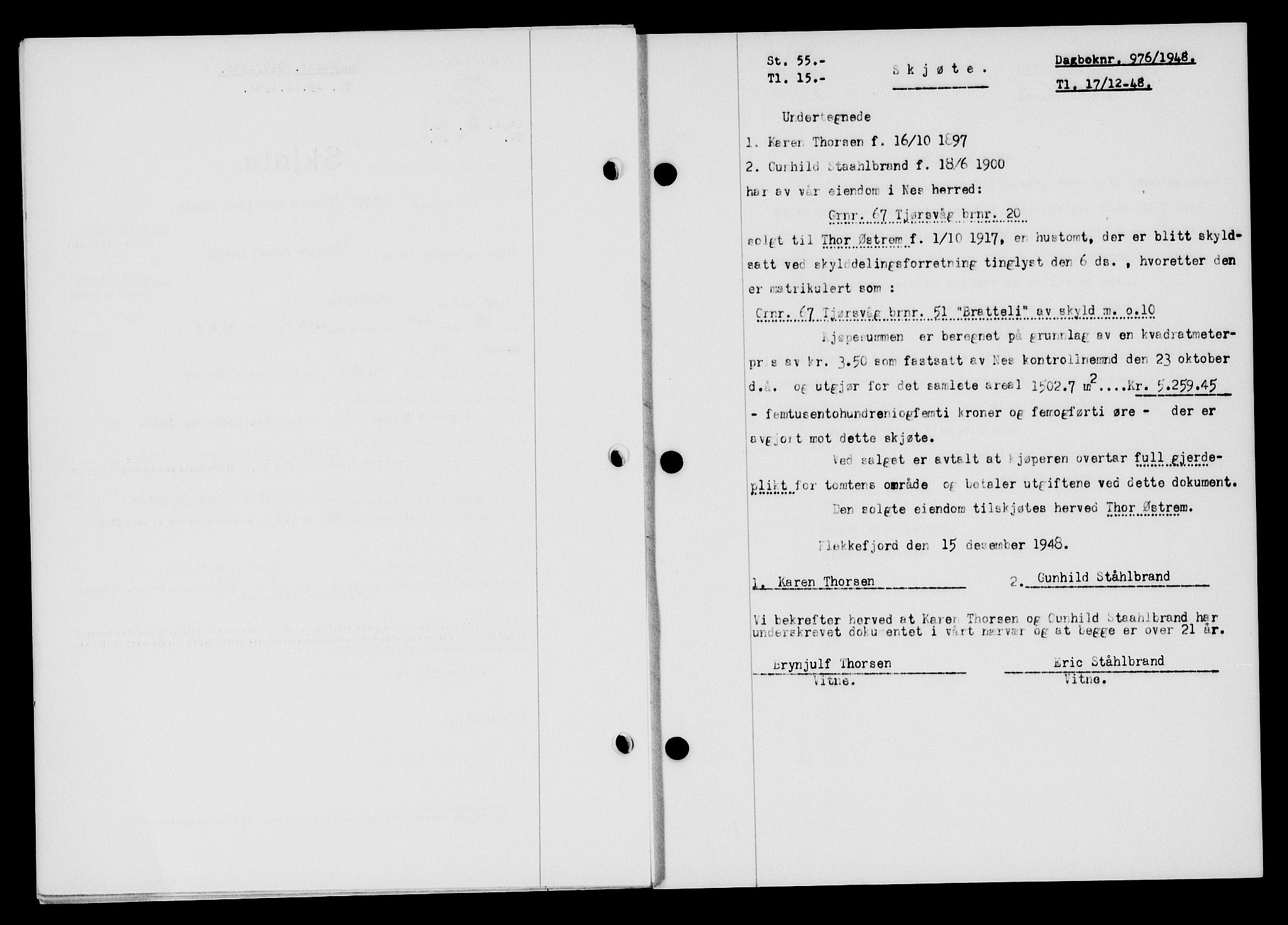 Flekkefjord sorenskriveri, SAK/1221-0001/G/Gb/Gba/L0064: Mortgage book no. A-12, 1948-1949, Diary no: : 976/1948