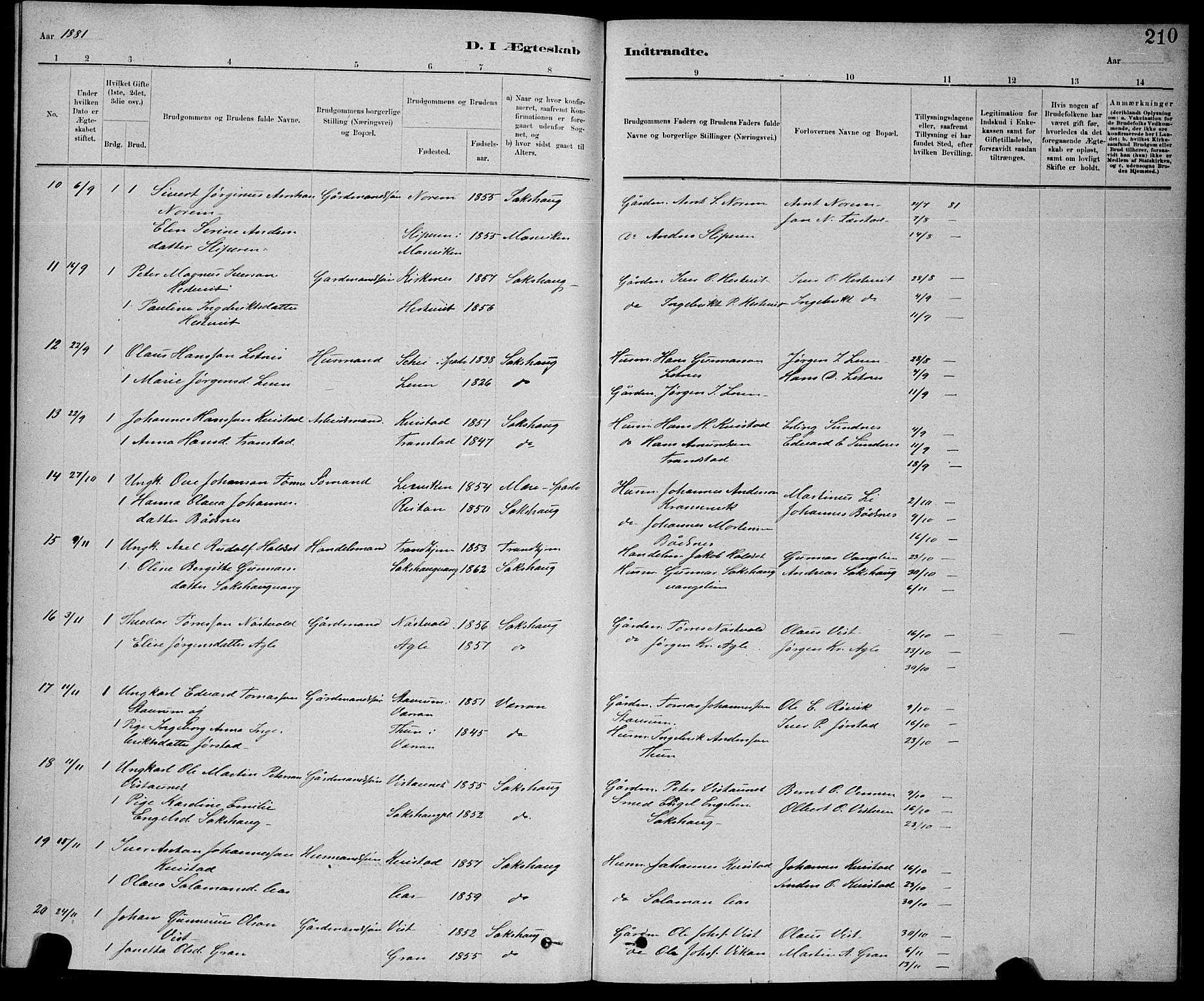 Ministerialprotokoller, klokkerbøker og fødselsregistre - Nord-Trøndelag, SAT/A-1458/730/L0301: Parish register (copy) no. 730C04, 1880-1897, p. 210