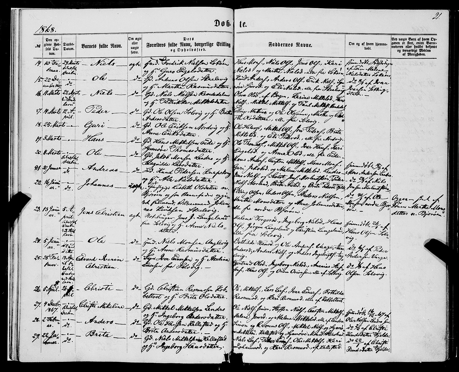 Fjell sokneprestembete, SAB/A-75301/H/Haa: Parish register (official) no. A 3, 1864-1877, p. 21