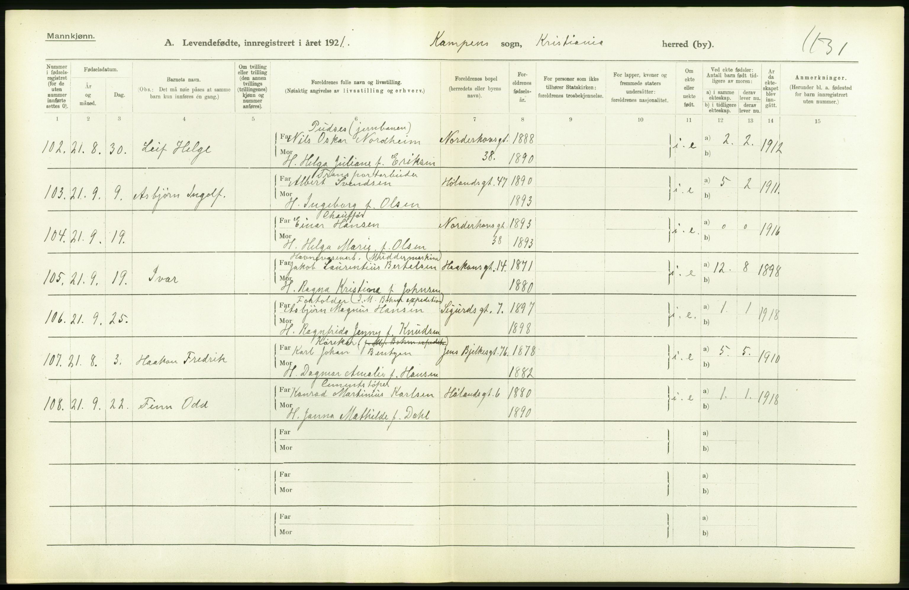 Statistisk sentralbyrå, Sosiodemografiske emner, Befolkning, AV/RA-S-2228/D/Df/Dfc/Dfca/L0009: Kristiania: Levendefødte menn og kvinner., 1921, p. 110