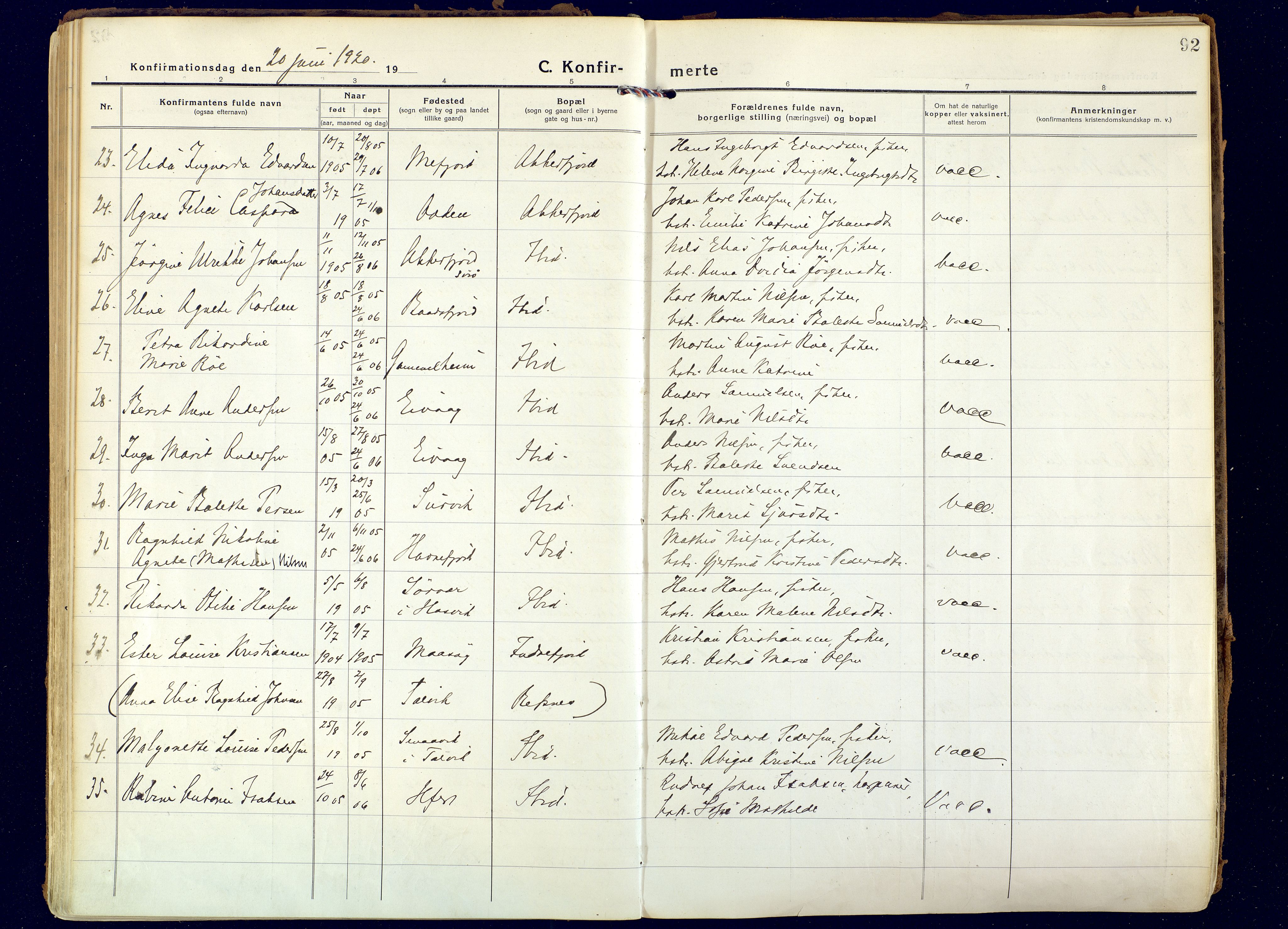 Hammerfest sokneprestkontor, AV/SATØ-S-1347/H/Ha/L0018.kirke: Parish register (official) no. 18, 1918-1933, p. 92