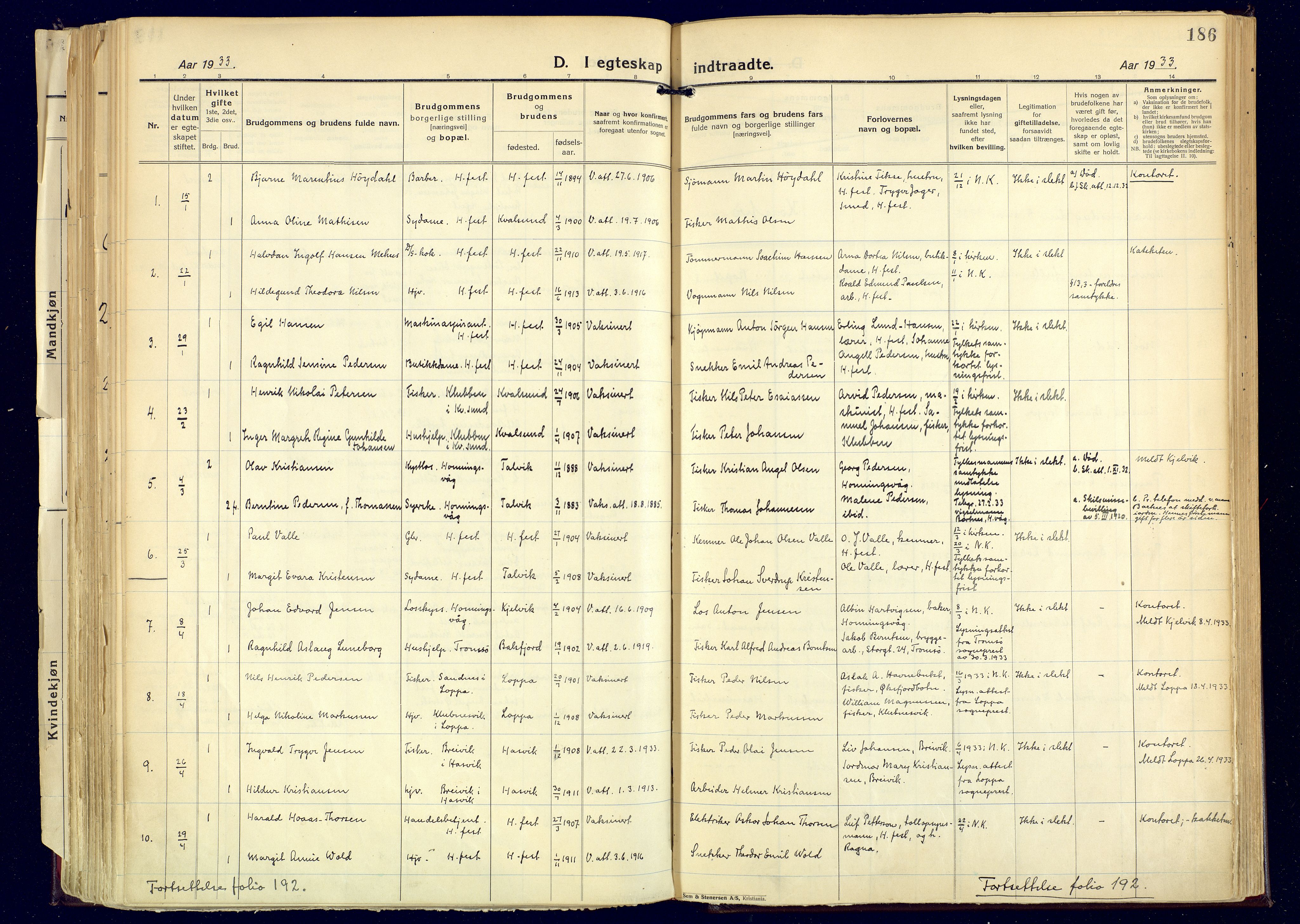 Hammerfest sokneprestkontor, SATØ/S-1347: Parish register (official) no. 17, 1923-1933, p. 186