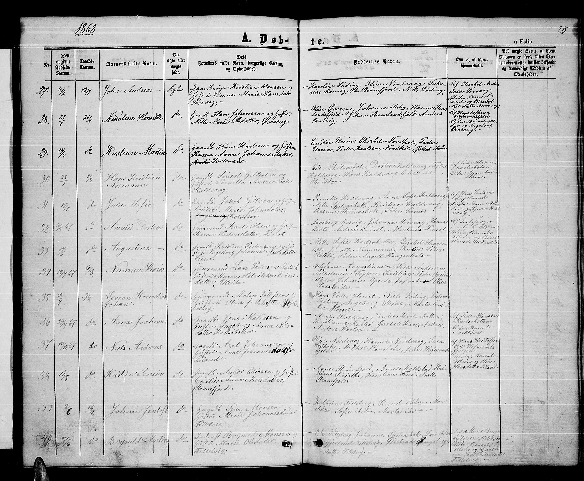 Ministerialprotokoller, klokkerbøker og fødselsregistre - Nordland, AV/SAT-A-1459/859/L0857: Parish register (copy) no. 859C03, 1854-1873, p. 85