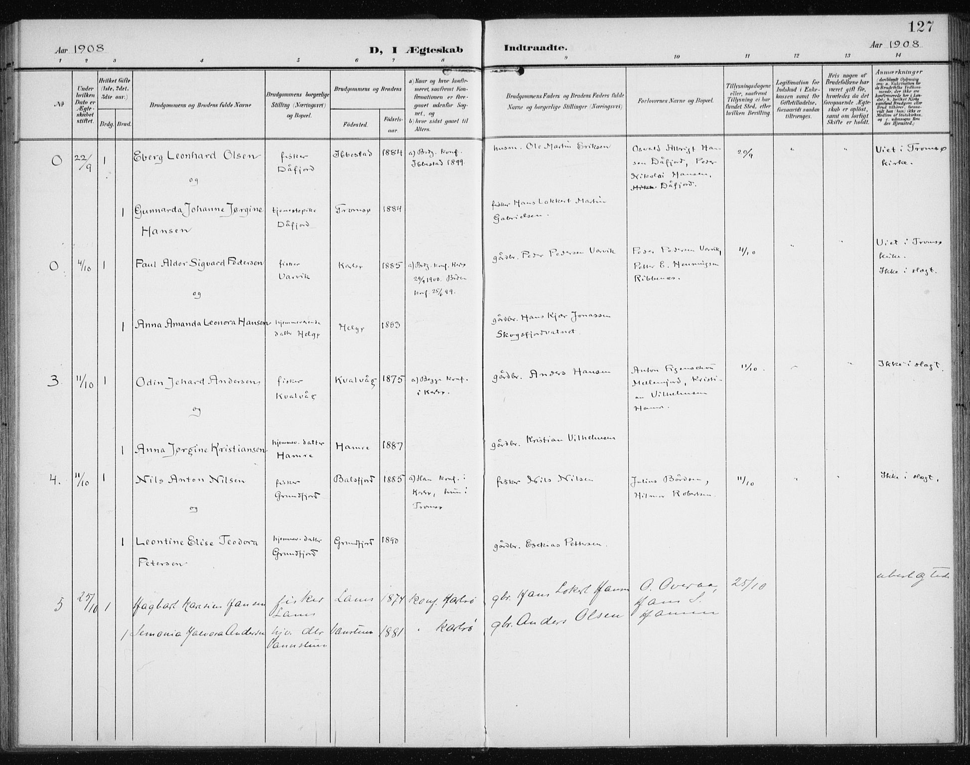 Karlsøy sokneprestembete, AV/SATØ-S-1299/H/Ha/Haa/L0013kirke: Parish register (official) no. 13, 1902-1916, p. 127