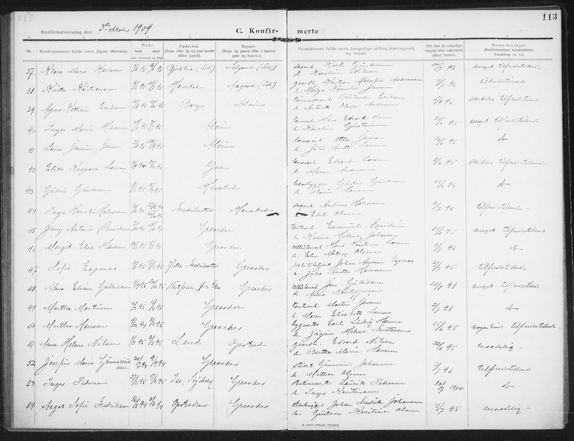 Rolvsøy prestekontor Kirkebøker, AV/SAO-A-2004/F/Fa/L0002: Parish register (official) no. 2, 1909-1917, p. 113