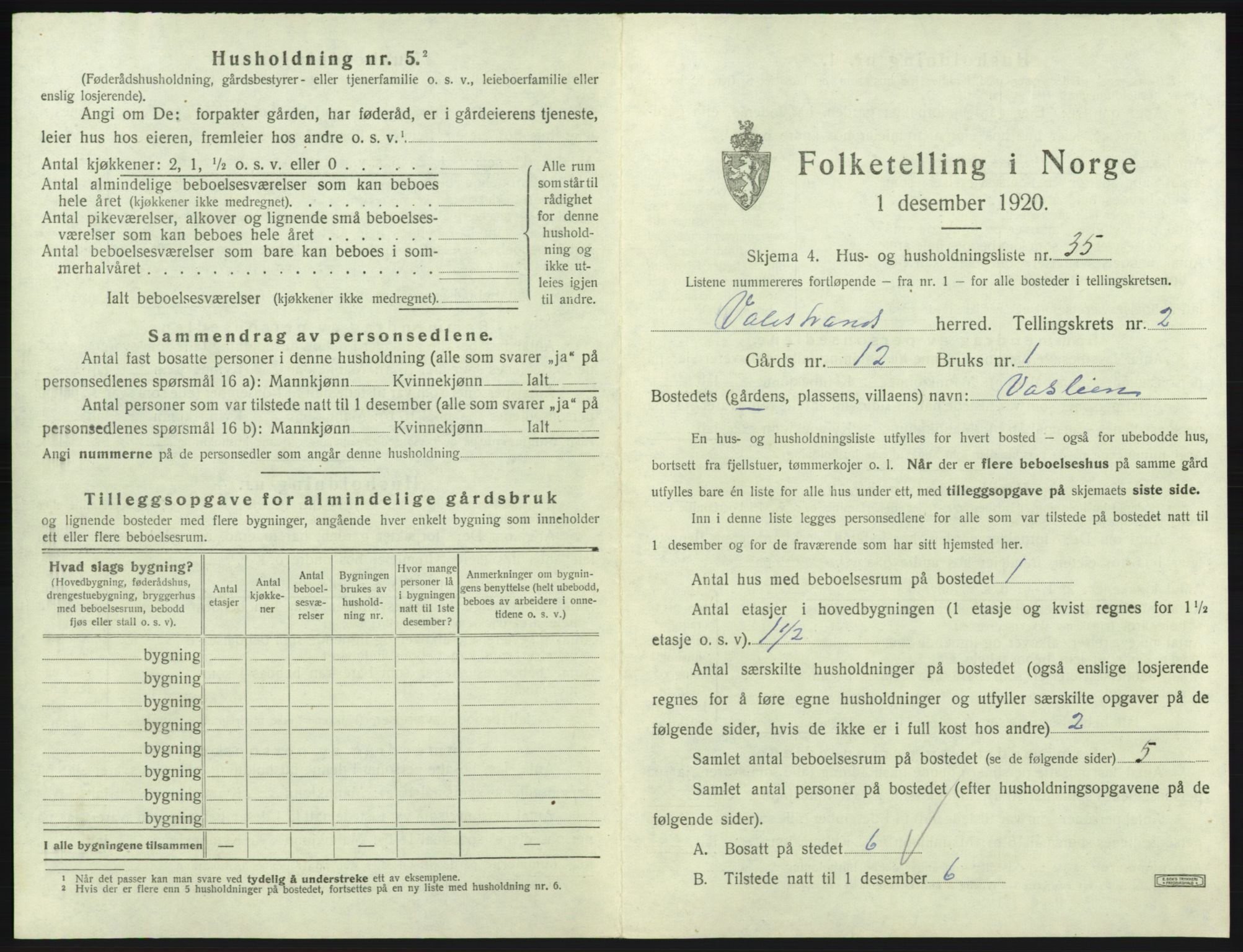 SAB, 1920 census for Valestrand, 1920, p. 155