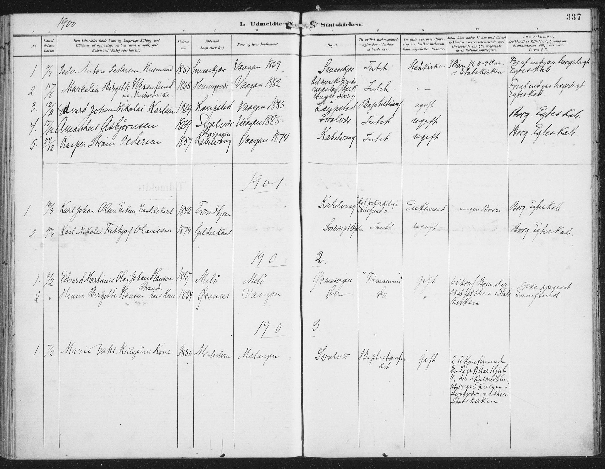 Ministerialprotokoller, klokkerbøker og fødselsregistre - Nordland, AV/SAT-A-1459/874/L1062: Parish register (official) no. 874A06, 1899-1907, p. 337