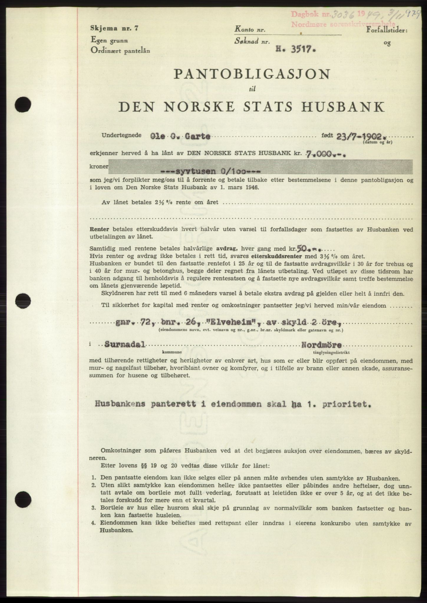 Nordmøre sorenskriveri, AV/SAT-A-4132/1/2/2Ca: Mortgage book no. B102, 1949-1949, Diary no: : 3036/1949