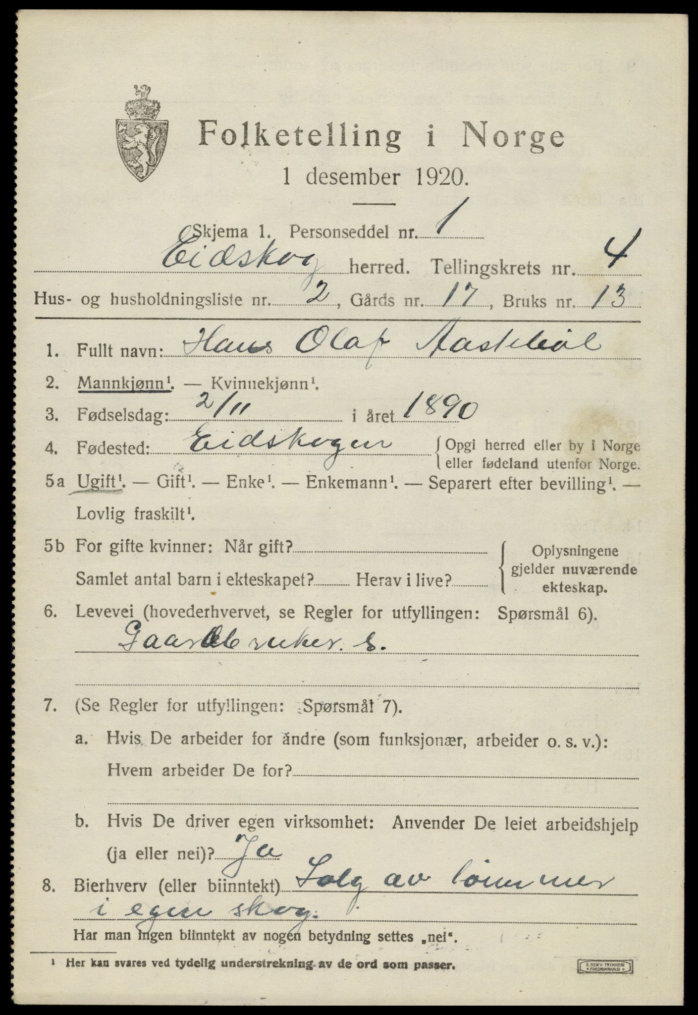 SAH, 1920 census for Eidskog, 1920, p. 4801