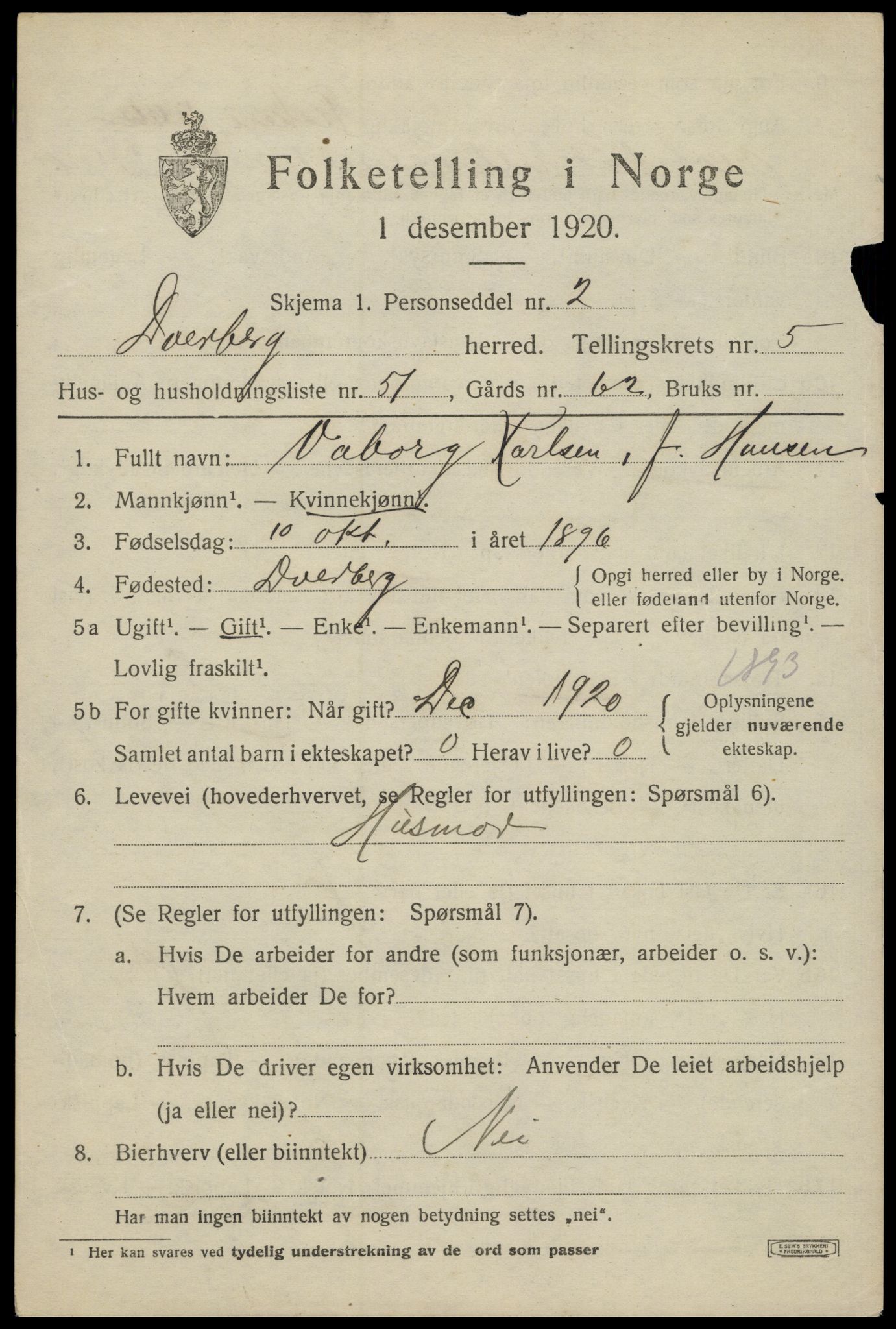 SAT, 1920 census for Dverberg, 1920, p. 6398