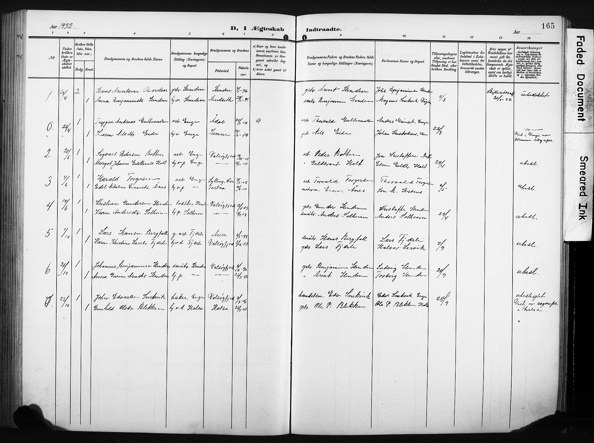 Ministerialprotokoller, klokkerbøker og fødselsregistre - Møre og Romsdal, AV/SAT-A-1454/580/L0927: Parish register (copy) no. 580C02, 1904-1932, p. 165