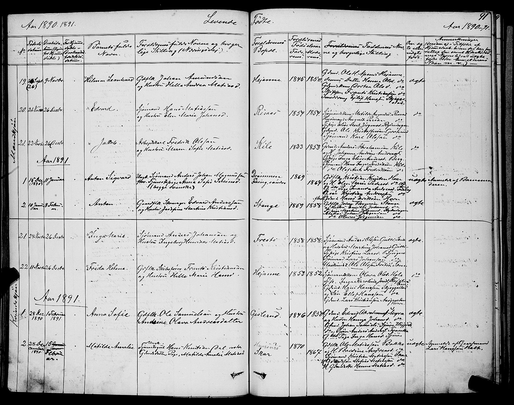 Ramnes kirkebøker, SAKO/A-314/G/Ga/L0003: Parish register (copy) no. I 3, 1870-1896, p. 91