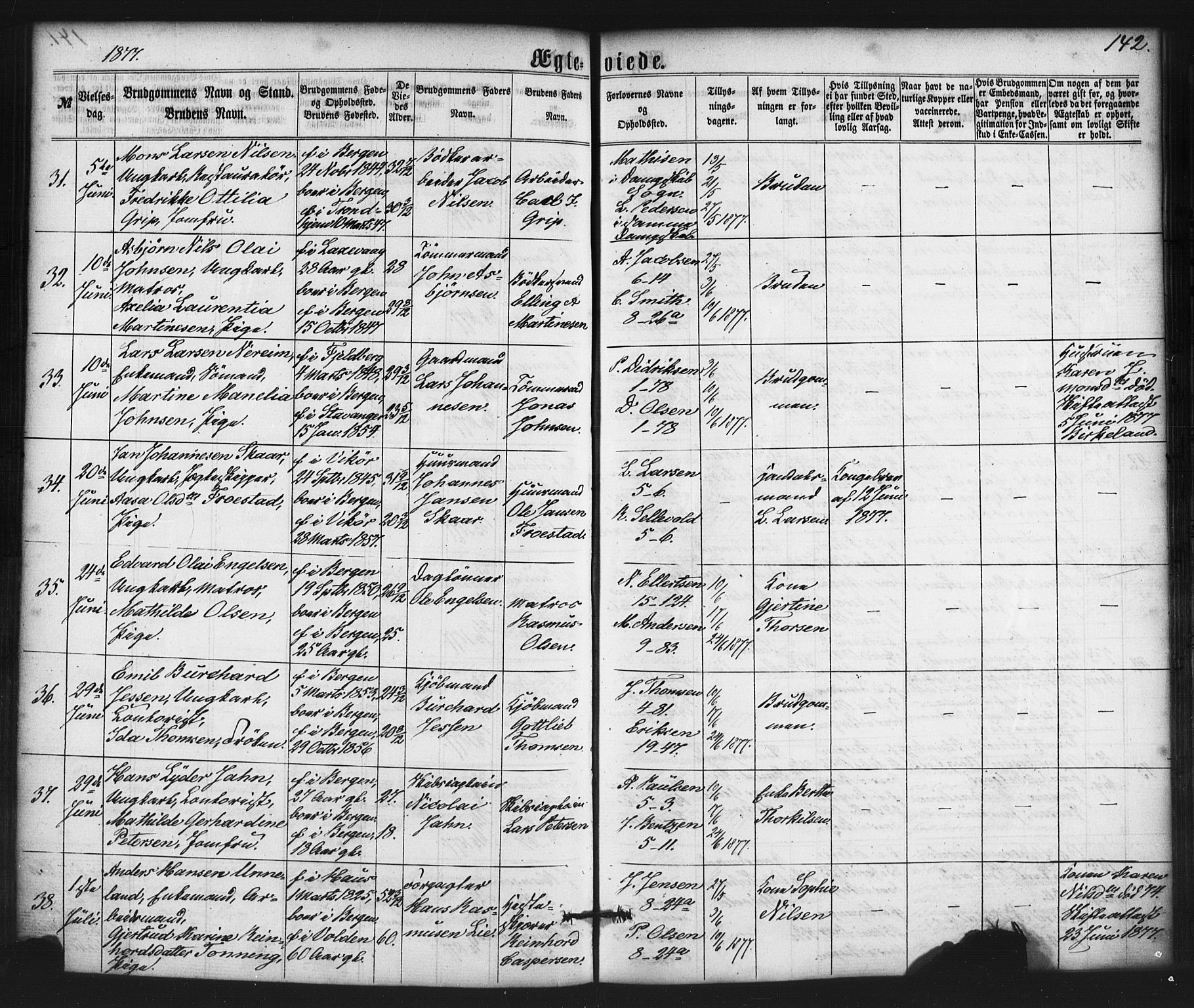 Nykirken Sokneprestembete, SAB/A-77101/H/Haa/L0032: Parish register (official) no. D 2, 1861-1883, p. 142