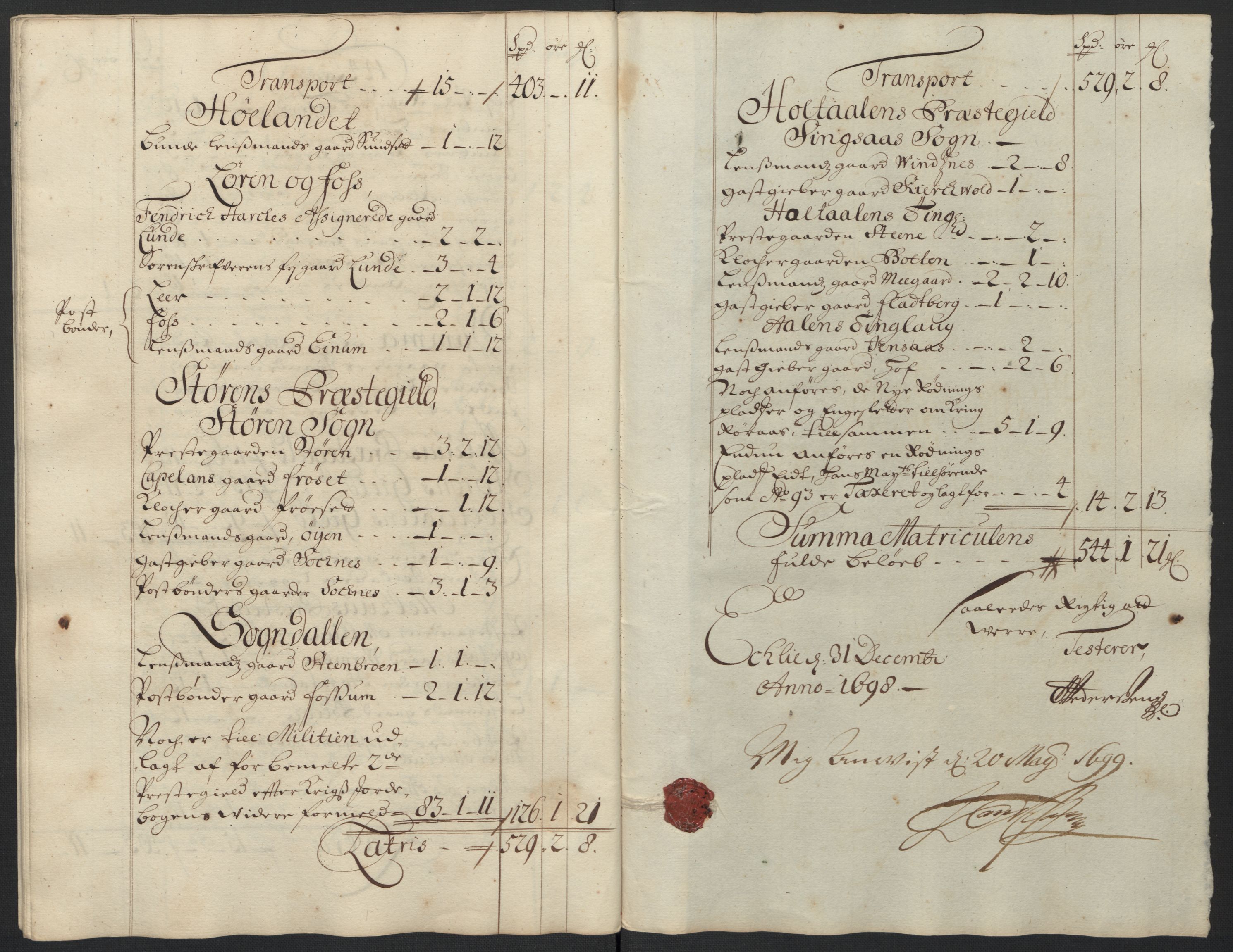 Rentekammeret inntil 1814, Reviderte regnskaper, Fogderegnskap, AV/RA-EA-4092/R60/L3948: Fogderegnskap Orkdal og Gauldal, 1698, p. 320