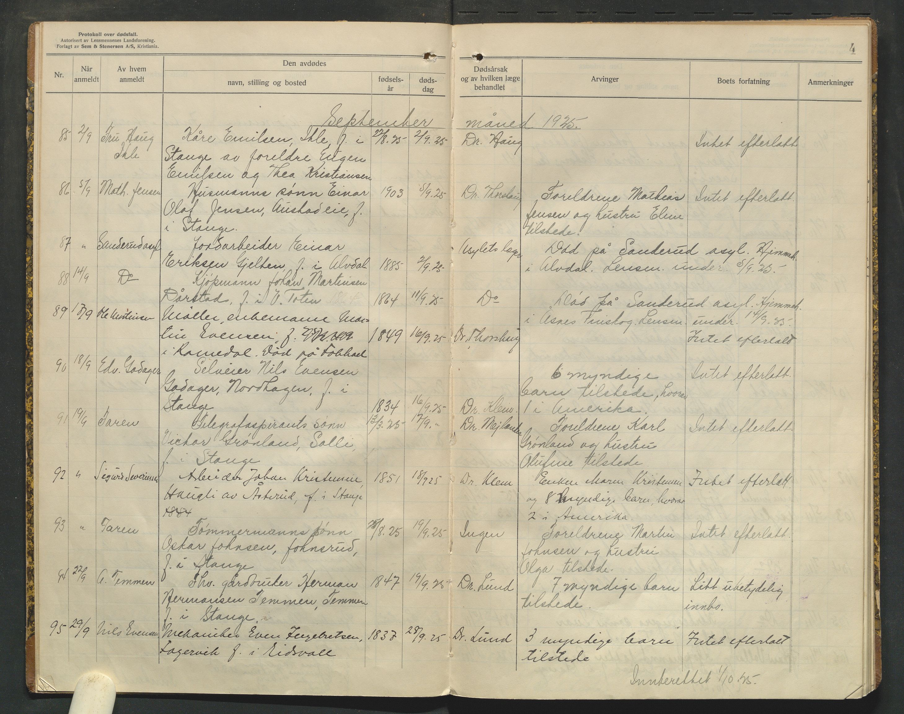 Stange lensmannskontor, SAH/LHS-020/H/Ha/Haa/L0001/0005: Dødsfallsprotokoller / Dødsfallsprotokoll, 1925-1929, p. 4
