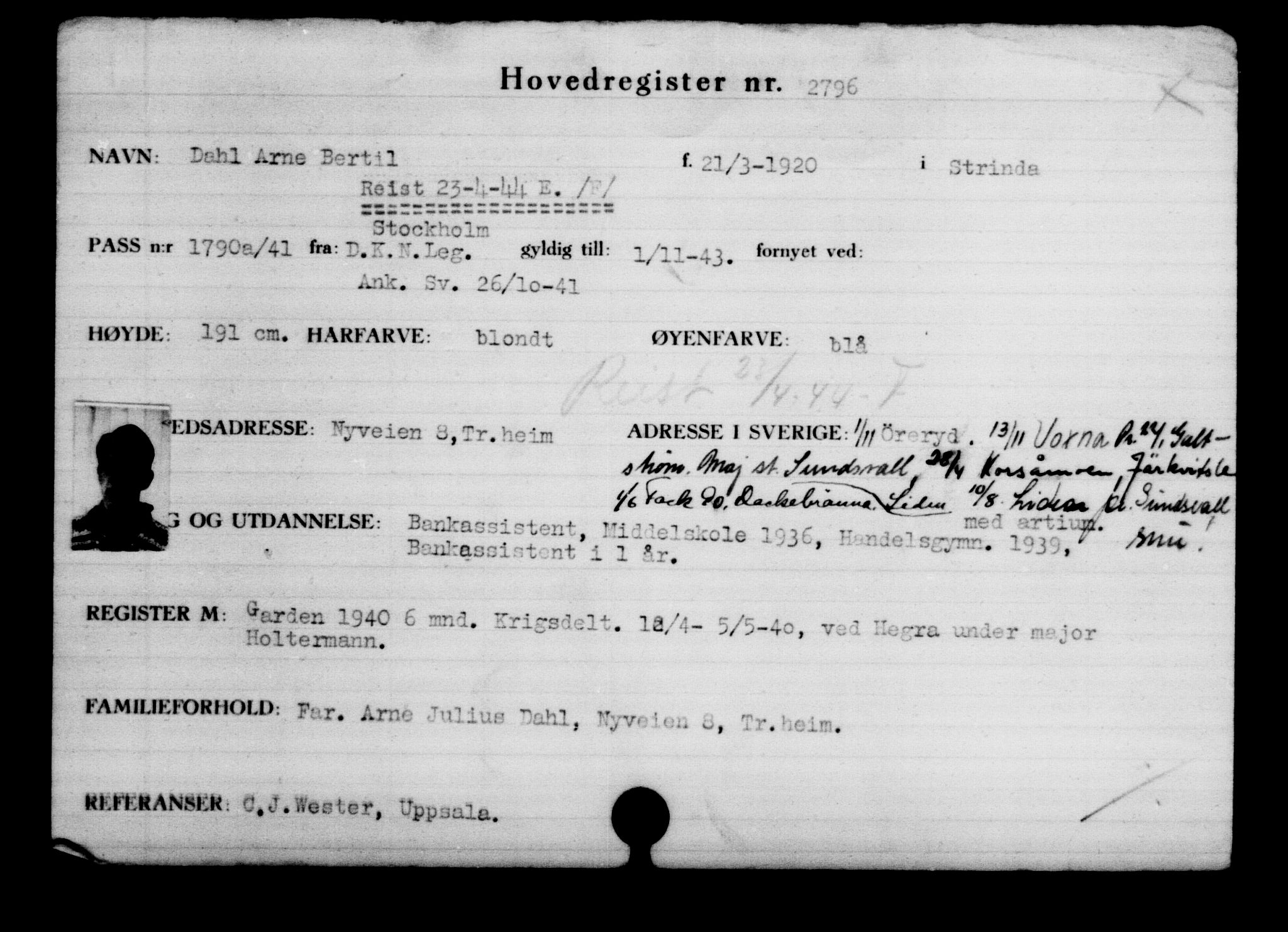 Utenriksstasjonene, Legasjonen i Stockholm, Flyktningkontoret, AV/RA-S-6753/V/Va/L0003: Kjesäterkartoteket, flyktninger med registreringsnr. 2001-3495, 1940-1945, p. 1189