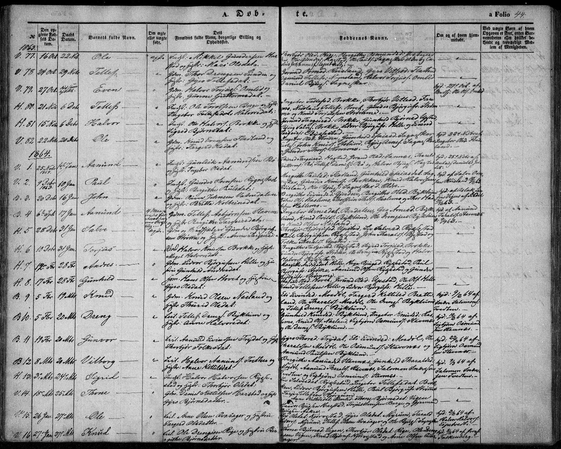 Valle sokneprestkontor, SAK/1111-0044/F/Fa/Fac/L0007: Parish register (official) no. A 7, 1854-1868, p. 44