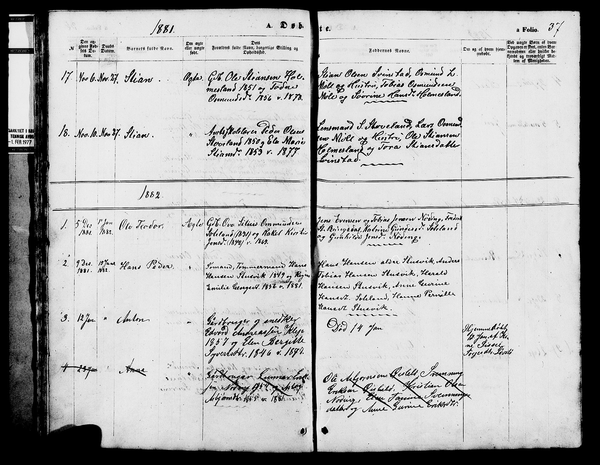Holum sokneprestkontor, AV/SAK-1111-0022/F/Fb/Fba/L0004: Parish register (copy) no. B 4, 1867-1890, p. 37